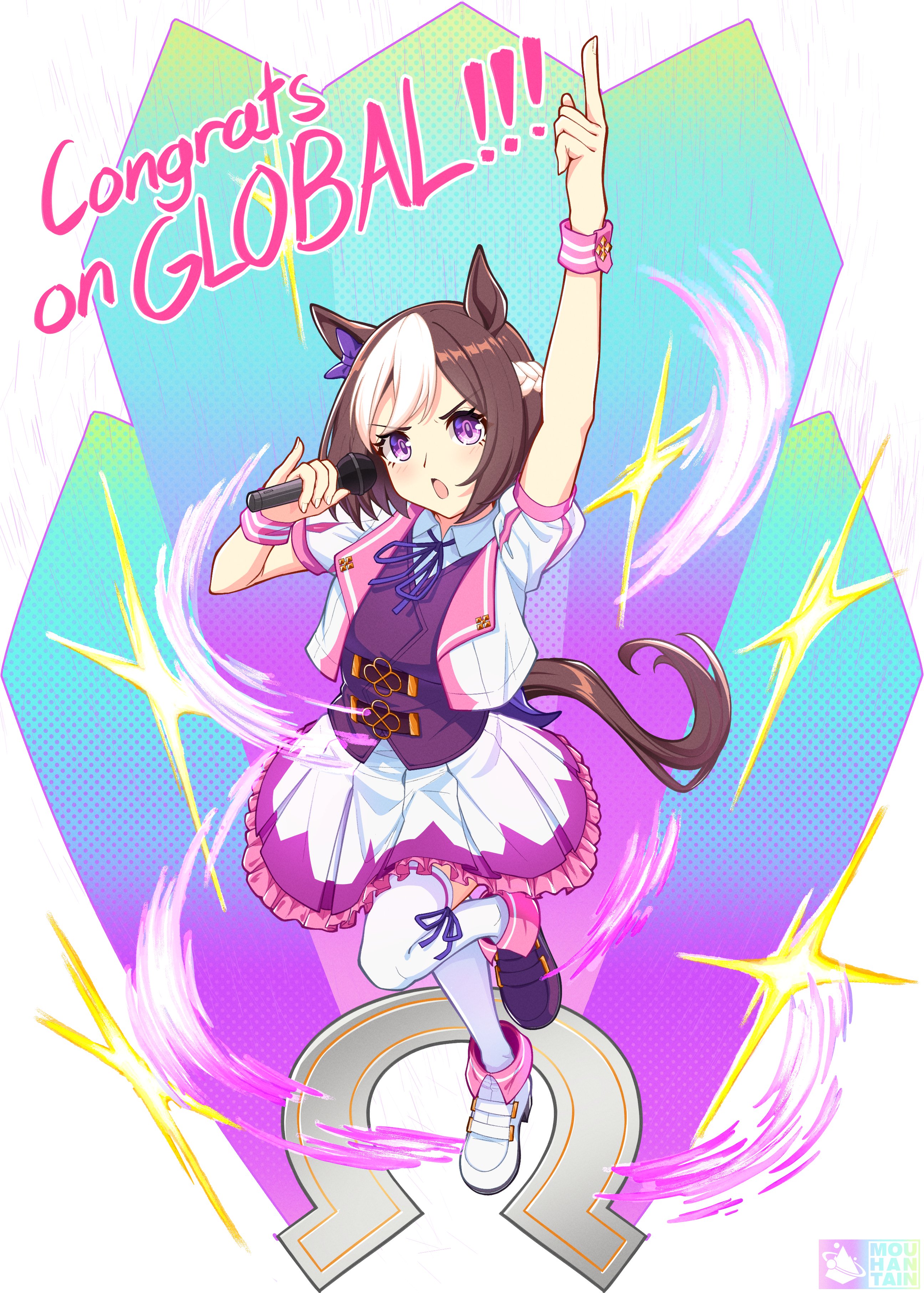 mouhantain, special week (special dreamer) (umamusume), special week (umamusume), umamusume, absurdres, highres, 1girl, animal ears, asymmetrical footwear, bow, braid, brown hair, cropped jacket, ear bow, ear covers, ear ribbon, epaulettes, half up braid, horse ears, horse girl, horse tail, jacket, looking at viewer, mismatched footwear, multicolored hair, open mouth, purple bow, purple eyes, purple ribbon, ribbon, shirt, short hair, short sleeves, single epaulette, skirt, tail, thighhighs, two-tone hair, white hair, white skirt