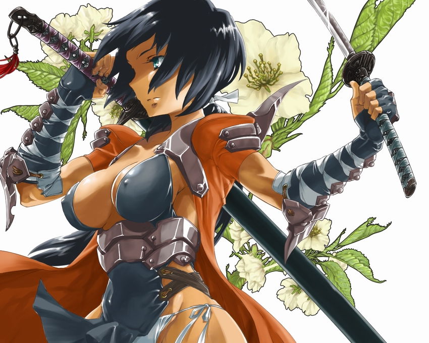 hekeniko, 1girl, black hair, blue eyes, breasts, center opening, cleavage, covered erect nipples, female focus, fingerless gloves, gloves, katana, large breasts, leather straps, ootachi, panties, ponytail, shoulder pads, side-tie panties, solo, strap, sword, underwear, weapon