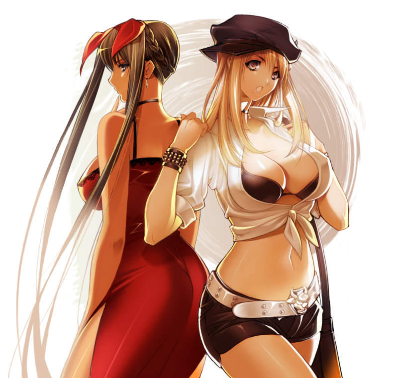 kyuu rei ei shi, yagami akira (dream theater), bad id, bad pixiv id, 2girls, bikini, bikini top only, blonde hair, breasts, brown hair, choker, cleavage, dress, huge breasts, long hair, multiple girls, navel, red dress, swimsuit, twintails