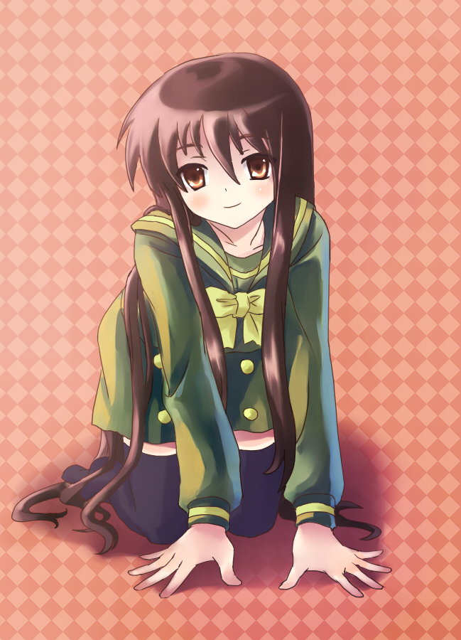 iiru, shana, shakugan no shana, bad id, bad pixiv id, 00s, all fours, black hair, brown eyes, long hair, school uniform, solo, thighhighs