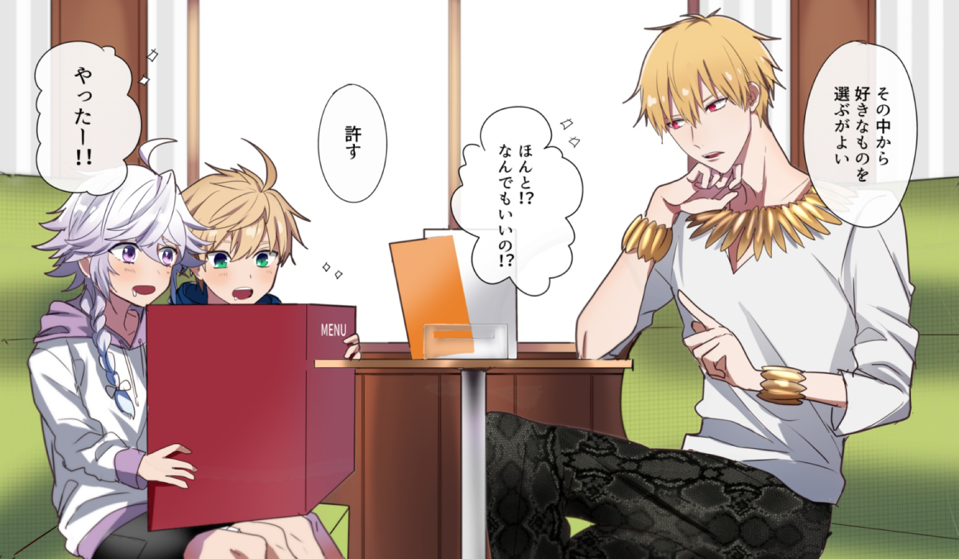napo (naporittan), arthur pendragon (fate), gilgamesh (fate), merlin (fate), fate/grand order, fate (series), commentary request, highres, translation request, 3boys, aged down, blonde hair, bracelet, explosive, grenade, grey hair, holding, holding menu, jewelry, male focus, menu, multiple boys, necklace, purple eyes, red eyes, table
