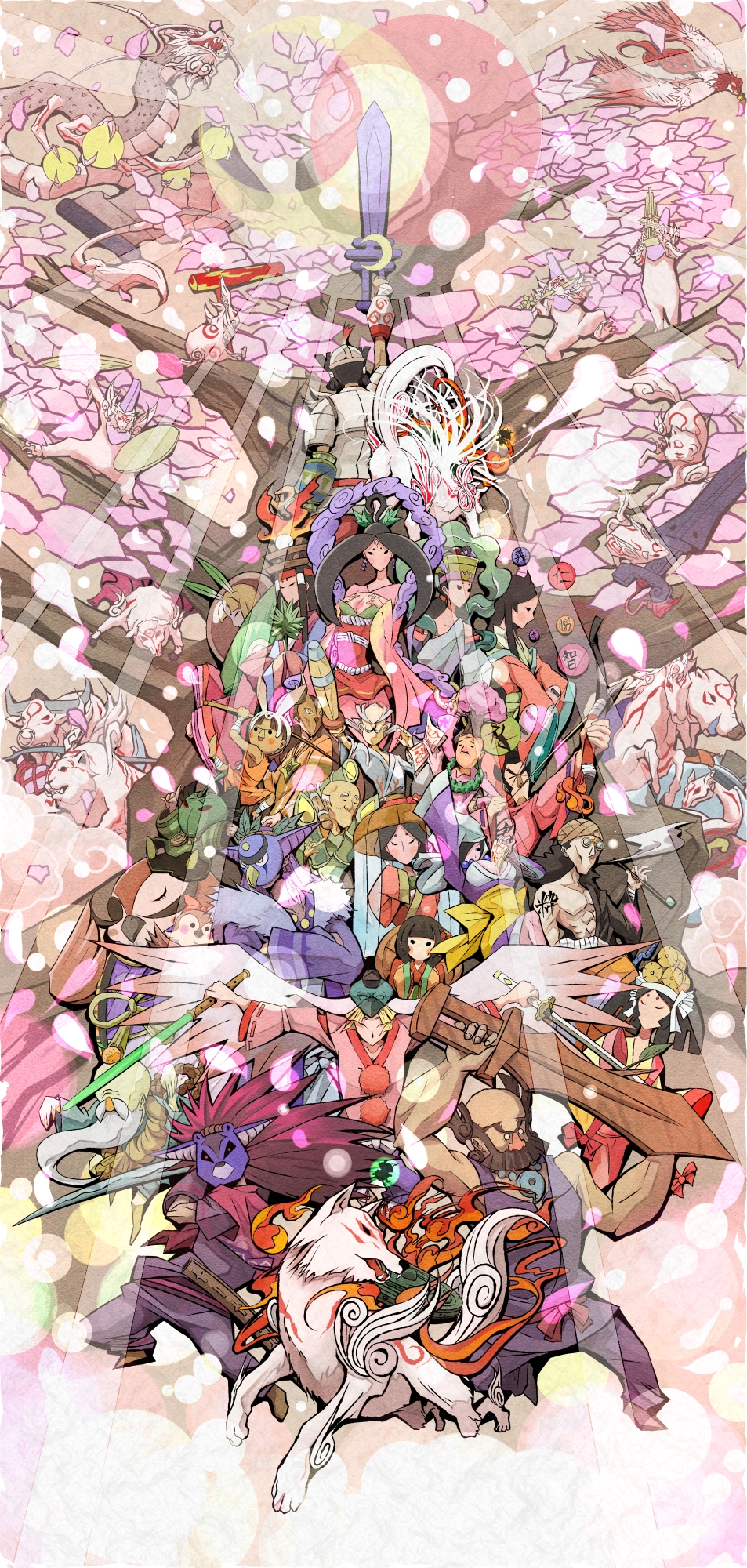 chun, oki, tama (tama-s), tsukumo (soar99), yaji (kitizoto), amaterasu (ookami), camille, himiko (ookami), issun, izanagi (persona 4), kaguya, kaguya (ookami), kokari, lika, mr flower, mr orange, okikurumi (ookami), onigiri sensei, otohime, princess fuse, rao, sakuya (ookami), sazanka (ookami), shiranui, shiranui (ookami), susano, susanoo (ookami), tama (ookami), tsubaki (ookami), tsuzurao, ushiwakamaru (ookami), yoichi (ookami), capcom, ookami (game), highres, 6+boys, 6+girls, between breasts, black hair, boar, breasts, camellia, cat, cleavage, dog, dragon, everyone, flower, hood, horse, huge breasts, japanese clothes, kimono, large breasts, light particles, long hair, mask, monkey, mouse (animal), mr bamboo, multiple boys, multiple girls, ofuda, rabbit, sheep, snake, sunburst, sword, tattoo, tiger, weapon, white hair, wolf