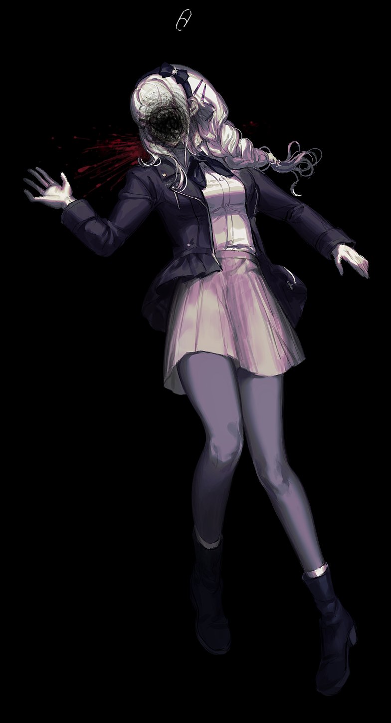 kirifuji nozomi, the hundred line -last defense academy-, highres, spoilers, 1girl, black background, black boots, black bow, black hairband, black jacket, black ribbon, blood, boots, bow, braid, buttons, censored, collared shirt, full body, grey pantyhose, grey skirt, hair ornament, hairband, hairclip, jacket, lapels, long hair, long sleeves, miniskirt, neck ribbon, notched lapels, open clothes, open jacket, pantyhose, parallel hairclips, pleated skirt, r314dor, ribbon, scribble censor, shirt, side braid, simple background, single braid, skirt, solo, white background, white hair, white shirt