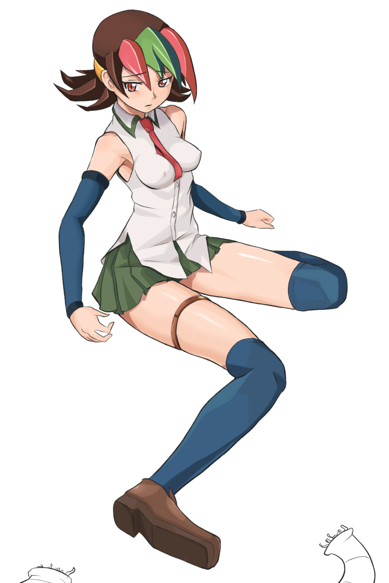 tarayama, sai hinoki, betterman, highres, 1990s (style), 1girl, armpits, between breasts, breasts, brown hair, colored bangs, covered erect nipples, detached sleeves, female focus, green hair, kneehighs, multicolored hair, necktie, red eyes, retro artstyle, simple background, socks, solo, thigh strap, thighhighs, watch, white background, worm
