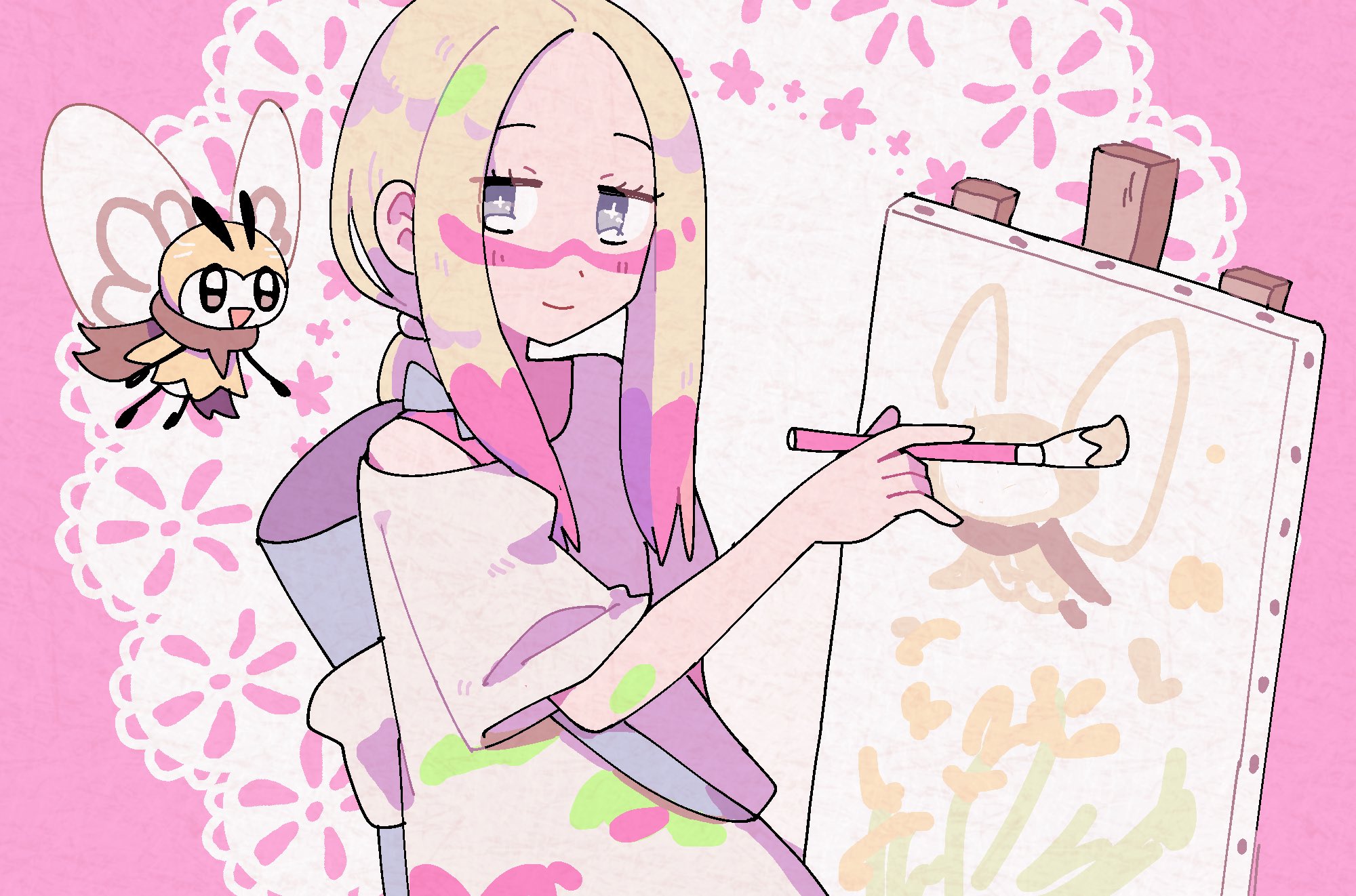 remoooon, mina (pokemon), ribombee, nintendo, pokemon, pokemon sm, highres, 1girl, :d, antennae, bee, blonde hair, brown scarf, bug, closed mouth, facepaint, flying, gen 7 pokemon, grey eyes, holding, holding paintbrush, insect, insect wings, long hair, looking at another, open mouth, oversized clothes, oversized shirt, paint in hair, paint on clothes, paint splatter, paint splatter on face, paint stains, paintbrush, painting (action), pink background, pokemon (creature), scarf, shirt, short sleeves, simple background, smile, upper body, white shirt, wings