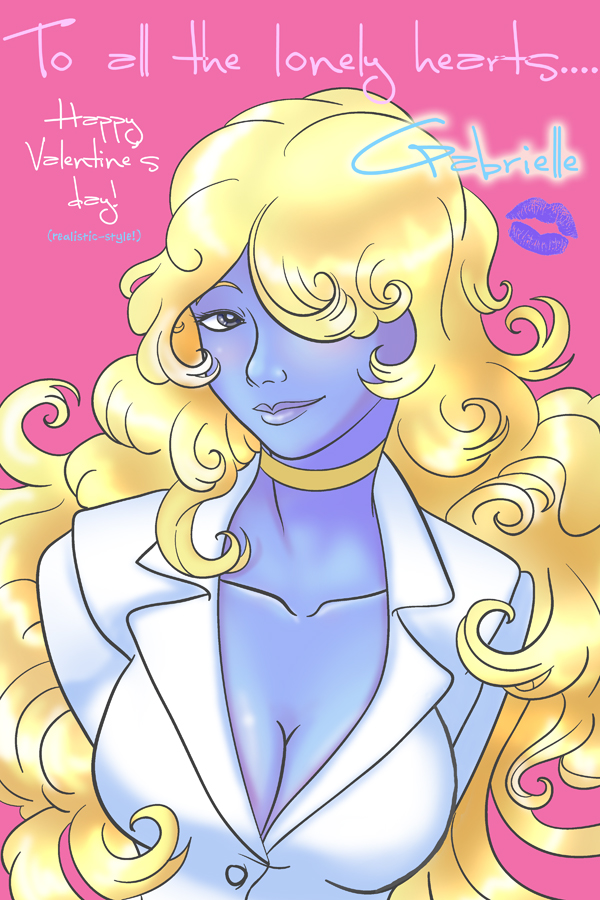 yamino, gabrielle (sister claire), sister claire (yamino), 1girl, angel, blonde hair, blue skin, breasts, choker, cleavage, colored skin, curly hair, female focus, grey eyes, hair over one eye, kiss, lips, lipstick mark, long hair, signature, smile, solo