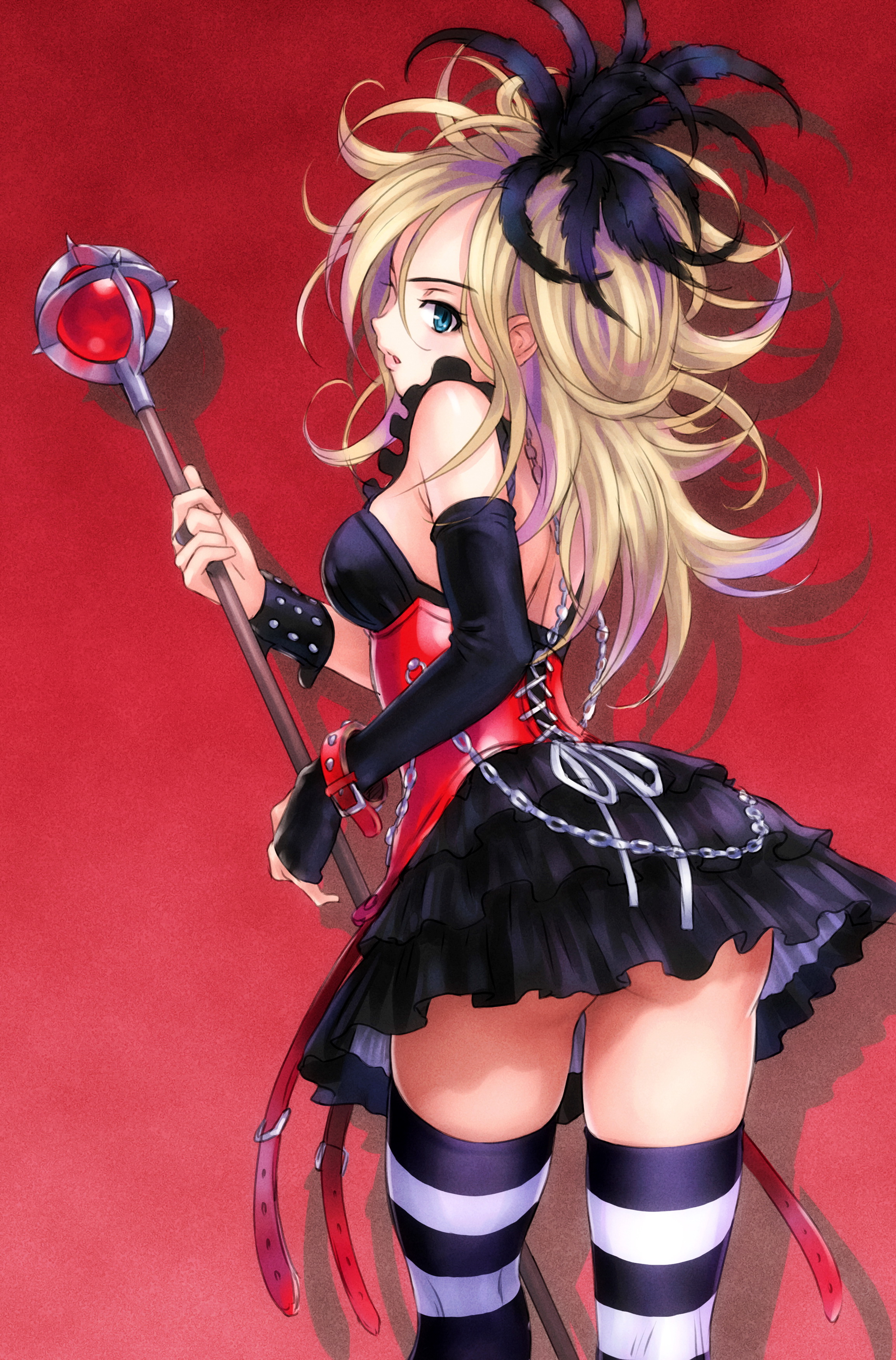 goto p, setia, dragon quest, dragon quest swords, absurdres, highres, scan, 1girl, ass, bare shoulders, belt, blonde hair, blue eyes, chain, corset, cuffs, dress, elbow gloves, feather hair ornament, feathers, female focus, fingerless gloves, gloves, hair ornament, jewelry, looking back, ring, skirt, solo, staff, striped clothes, striped thighhighs, thighhighs, thighs, zettai ryouiki