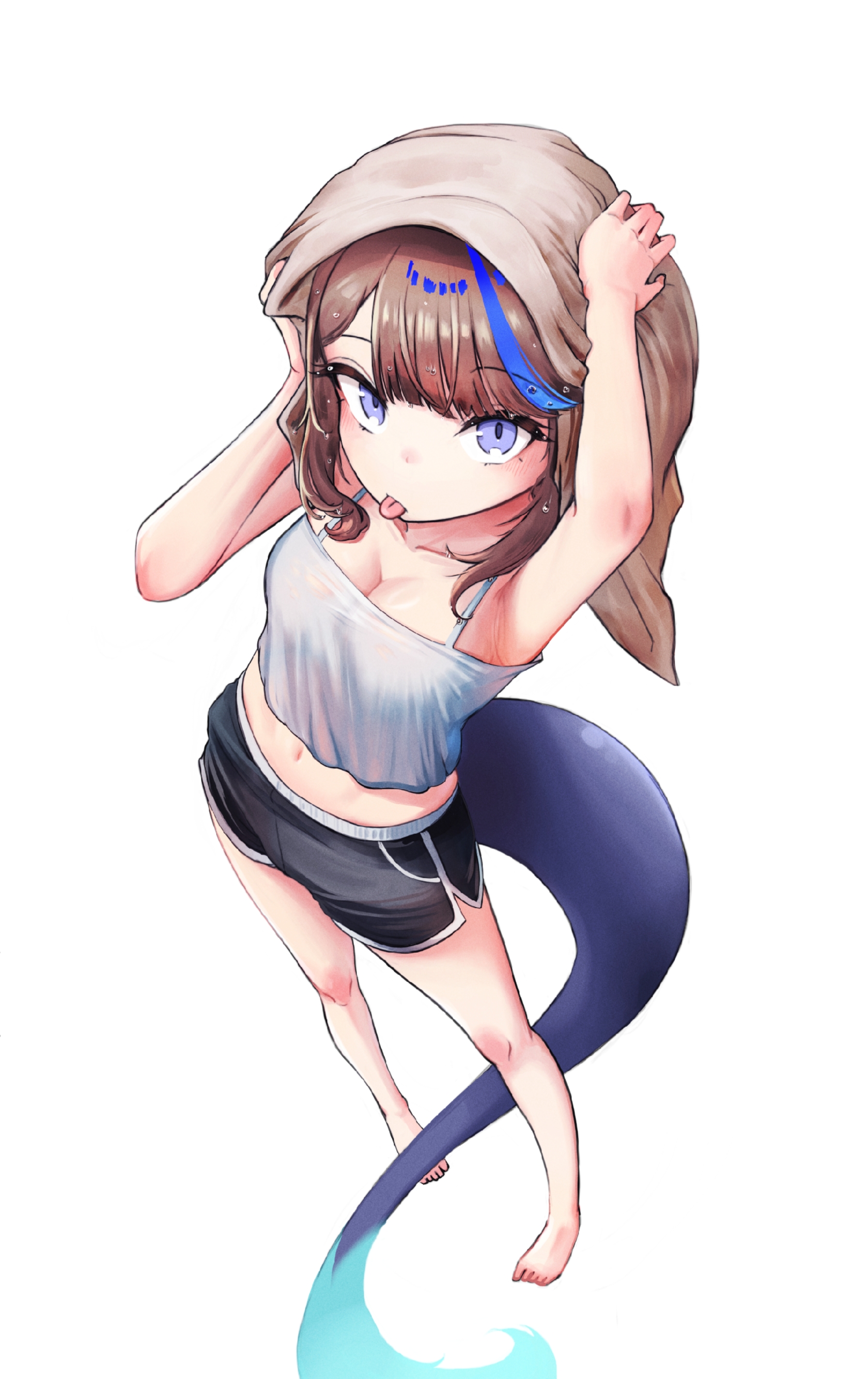 sseonyu, airi kanna, stellive, absurdres, commentary, highres, symbol-only commentary, 1girl, armpits, arms up, barefoot, black shorts, blue eyes, breasts, brown hair, camisole, cleavage, closed mouth, collarbone, contrapposto, crop top, dolphin shorts, drying, drying hair, foreshortening, from above, full body, grey camisole, large breasts, looking at viewer, looking up, midriff, multicolored hair, navel, parted bangs, short shorts, shorts, simple background, spaghetti strap, streaked hair, tail, tongue, tongue out, towel, virtual youtuber, wet, wet hair, white background
