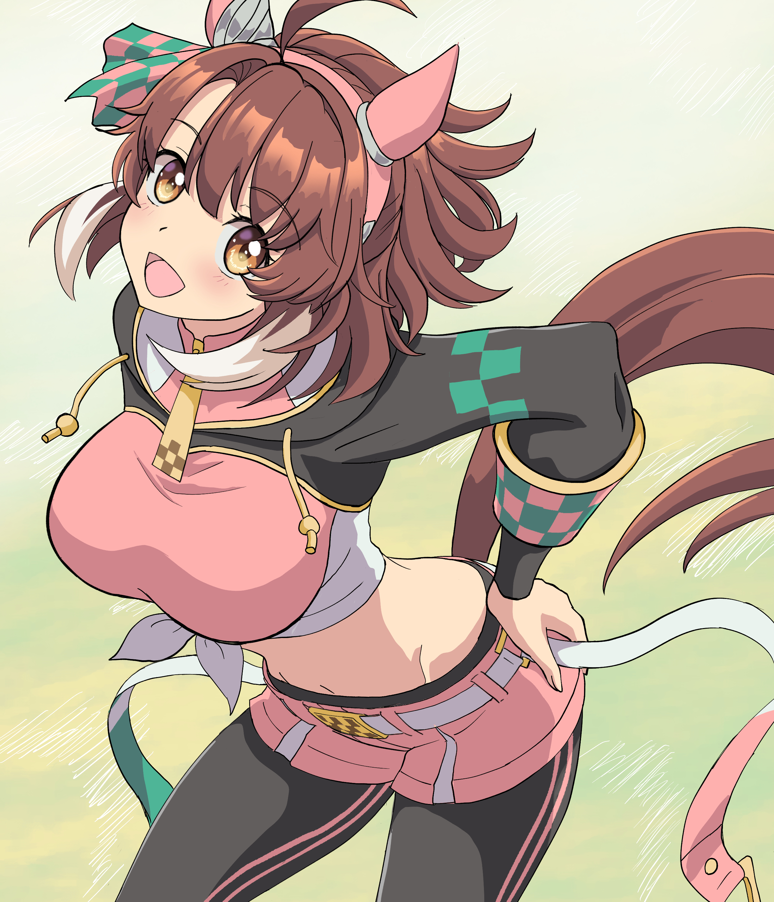 masasim, dantsu flame (umamusume), umamusume, absurdres, highres, 1girl, ahoge, animal ears, black leggings, black shrug, blush, bow, breasts, brown eyes, brown hair, checkered ribbon, dantsu flame (center spotlight) (umamusume), ear covers, ear ornament, ear ribbon, hair between eyes, hair ornament, hairband, hand on own hip, horse ears, horse girl, horse tail, large breasts, leggings, leggings under shorts, long sleeves, looking at viewer, midriff, multicolored hair, navel, open mouth, pink hairband, pink shirt, pink shorts, shirt, shorts, shrug (clothing), simple background, smile, solo, tail, tied shirt, white hair, white shirt