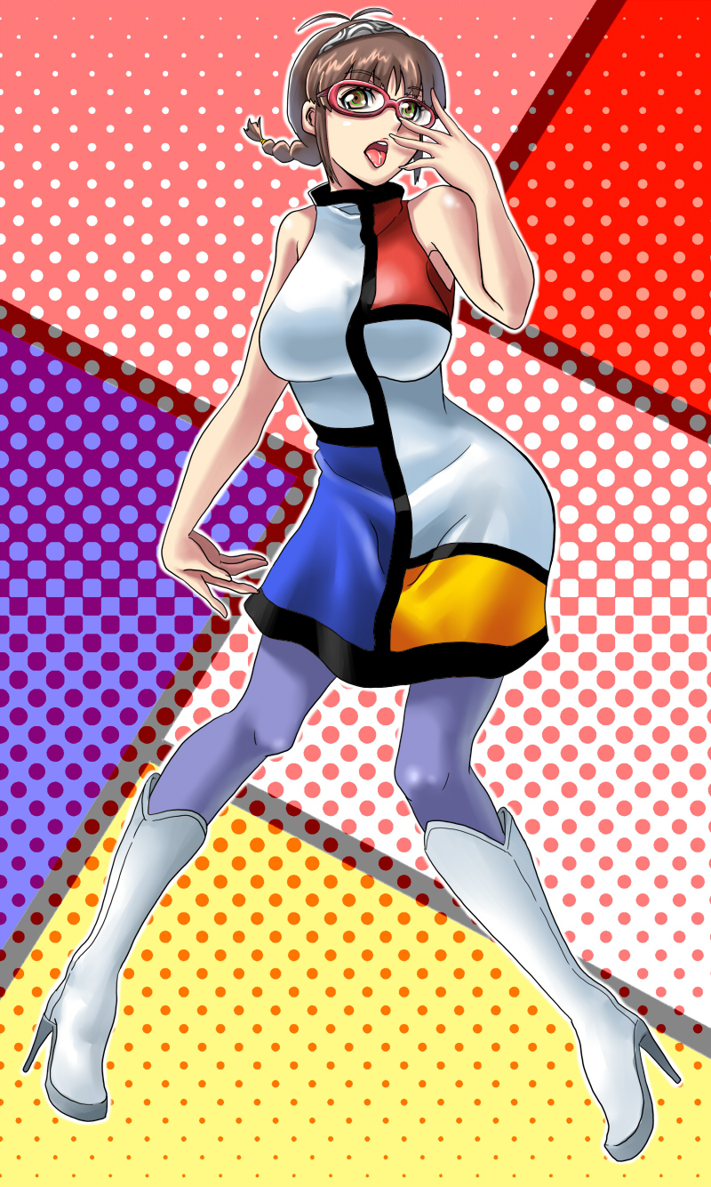 yokkora, akizuki ritsuko, idolmaster, idolmaster (classic), idolmaster 1, highres, 00s, 1girl, bare shoulders, boots, braid, breasts, brown eyes, brown hair, dress, female focus, glasses, hairband, high heels, large breasts, mod fashion, open mouth, pantyhose, shoes, solo, tongue, twin braids