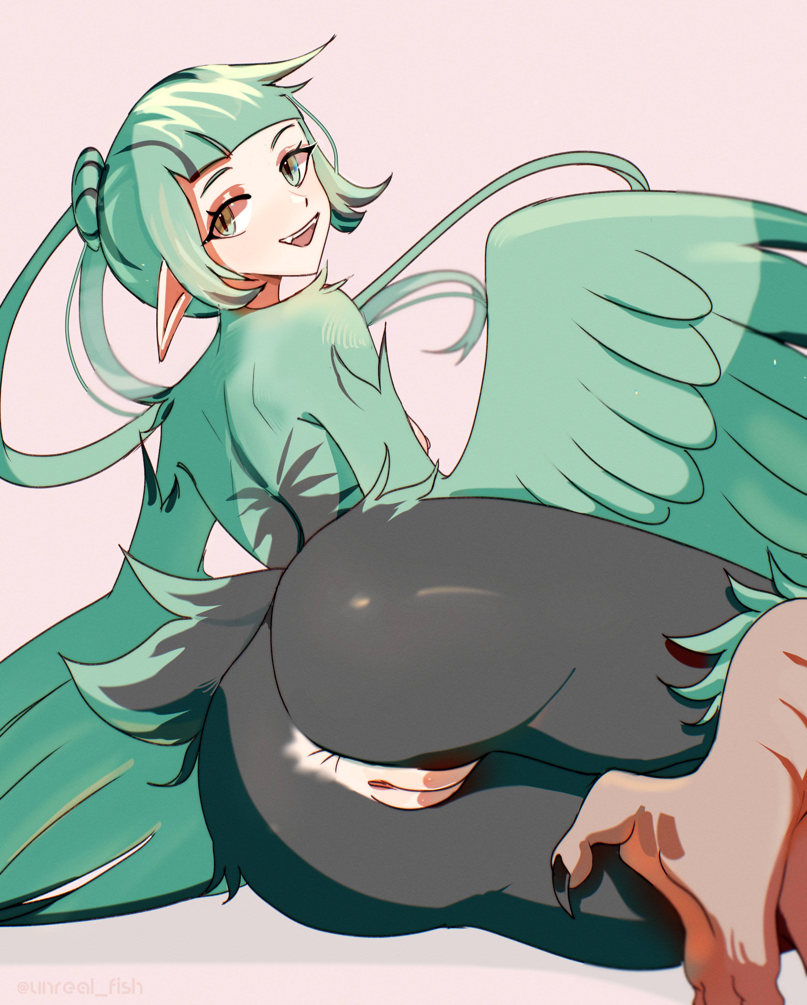 unreal fish, original, absurdres, commentary, english commentary, highres, 1girl, anus, bird legs, bird tail, black feathers, black hair, breasts, feathered wings, feathers, green eyes, green feathers, green hair, hair bun, harpy, heterochromia, looking at viewer, monster girl, multicolored hair, nipples, open mouth, pointy ears, pussy, short hair with long locks, slit pupils, solo, streaked hair, tail, talons, teeth, uncensored, upper teeth only, winged arms, wings, yellow eyes