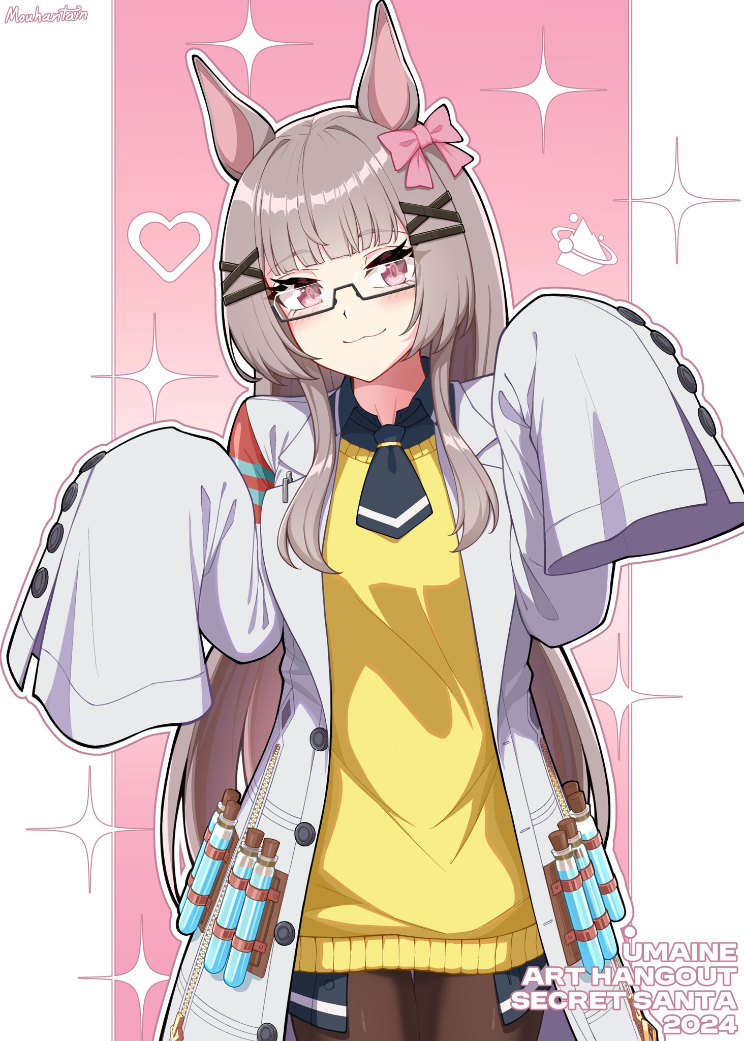 mouhantain, agnes tachyon (tach-nology) (umamusume), agnes tachyon (umamusume), umamusume, umamusume: beginning of a new era, character request, highres, 1girl, animal ears, black necktie, bow, coat, cork, glasses, hem peeking out, horse ears, horse girl, lab coat, long hair, long sleeves, necktie, pantyhose, pink bow, pink eyes, shirt, short necktie, sleeves past fingers, sleeves past wrists, smile, solo, sweater, sweater vest, test tube, white coat, yellow sweater, yellow sweater vest