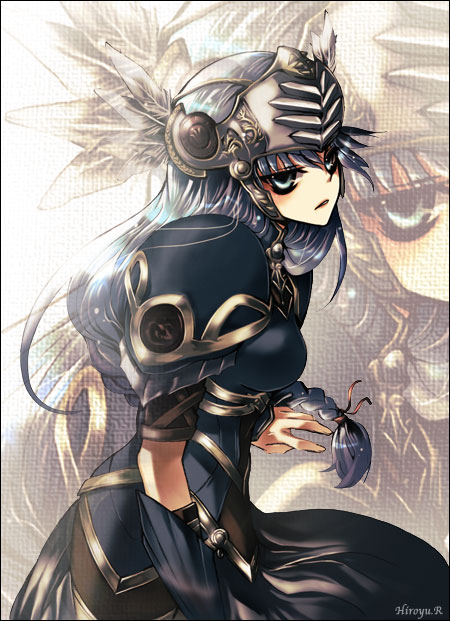 rukaze hiroyu, lenneth valkyrie, valkyrie profile (series), 1girl, armor, armored dress, blue armor, blue eyes, blue hair, braid, dress, feathers, helmet, long hair, valkyrie