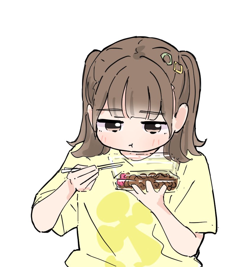 tazaki masanobu, link! like! love live!, love live!, real life, seeno de! hasu no sora!, commentary request, 1girl, :t, animification, blush, brown eyes, brown hair, chopsticks, closed mouth, eating, food, hayama fuka, holding, holding chopsticks, holding food, jitome, pout, simple background, solo, twintails, upper body, voice actor, white background