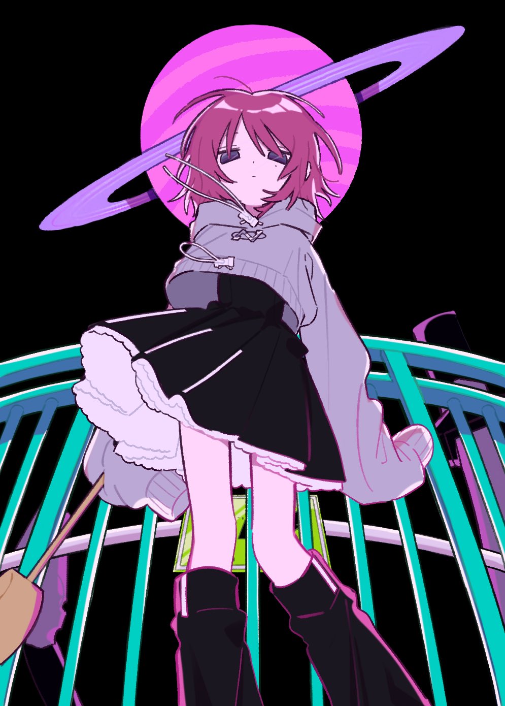 eguwi, zutto mayonaka de ii no ni, hashtag-only commentary, highres, 1girl, black dress, black leg warmers, closed mouth, drawstring, dress, expressionless, feet out of frame, from below, grey hoodie, hood, hood down, hoodie, kaiba seichoutsuu (zutomayo), leg warmers, long sleeves, mole, mole under eye, nira-chan (kaiba seichoutsuu) (zutomayo), petticoat, pink hair, planet, pleated dress, short hair, sleeves past fingers, sleeves past wrists, solo, tareme