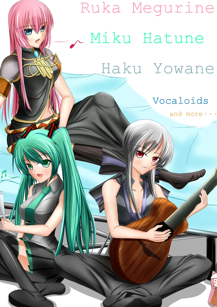 akira sora, hatsune miku, megurine luka, megurine luka (toeto), yowane haku, toeto (vocaloid), utau, vocaloid, 4girls, acoustic guitar, animal hat, aqua eyes, aqua hair, bad anatomy, bad feet, cat hat, detached sleeves, english text, feet, guitar, hat, headphones, instrument, long hair, multiple girls, music, nail polish, necktie, peeking out, pink hair, ponytail, poorly drawn, singing, skirt, thighhighs, twintails