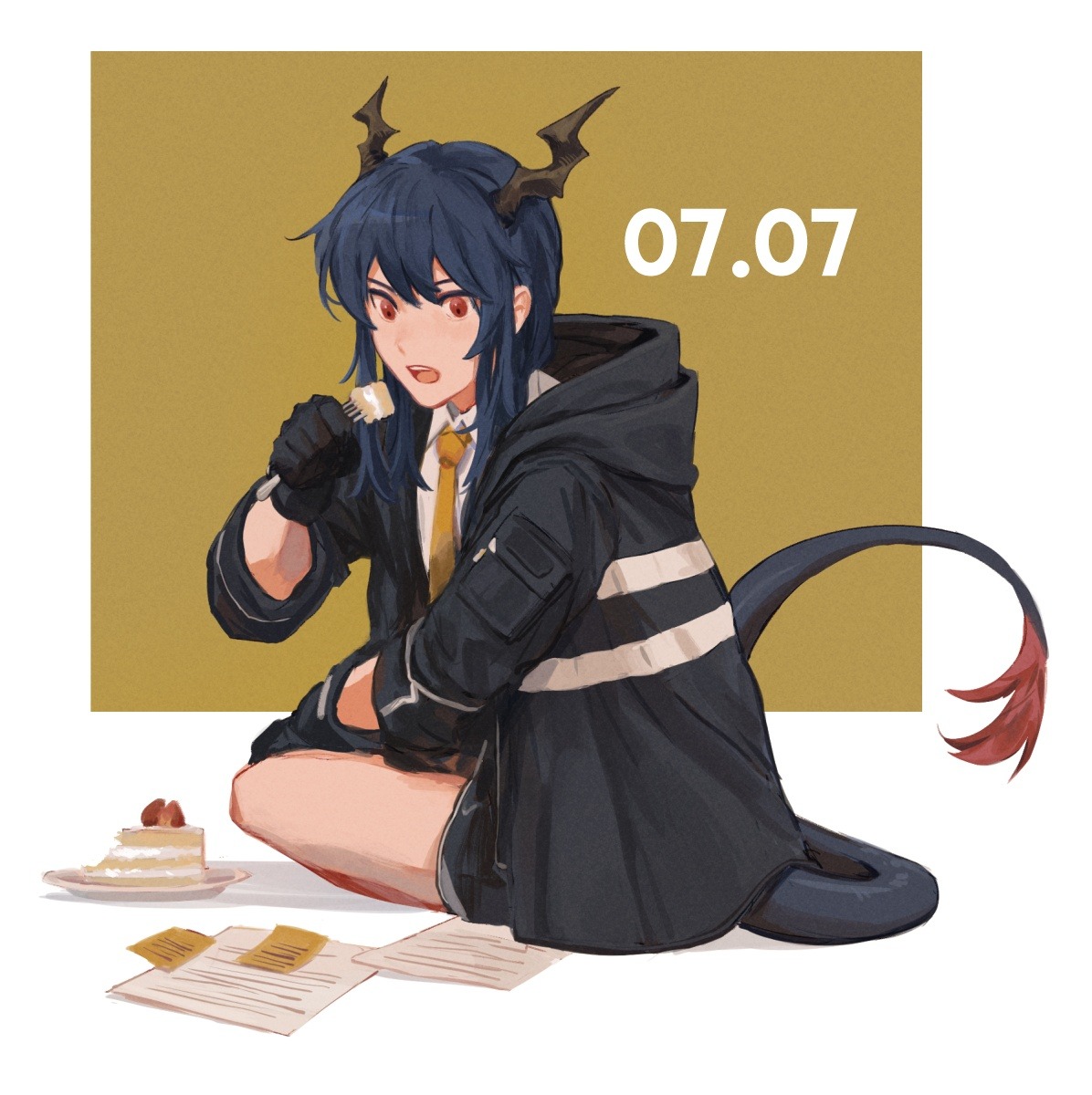 skyregalias, ch'en (arknights), arknights, commentary, highres, 1girl, black gloves, blue hair, cake, collared shirt, dated, dragon girl, dragon horns, dragon tail, feet out of frame, food, fork, gloves, hair between eyes, holding, holding fork, horns, jacket, long hair, looking at viewer, necktie, open mouth, orange necktie, paper, red eyes, shirt, sidelocks, sitting, solo, tail, teeth, tray, upper teeth only, white shirt