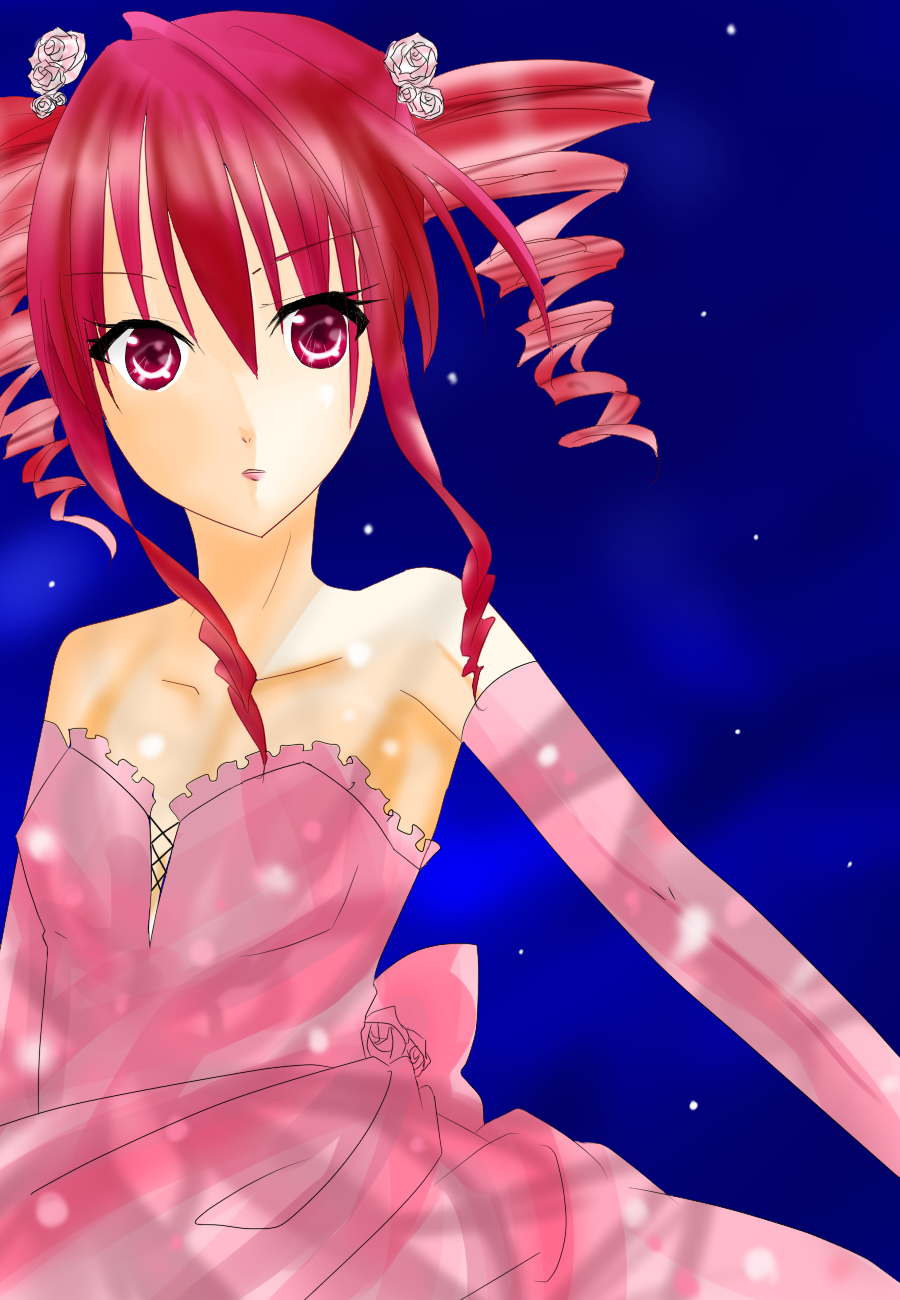 kasane teto, utau, vocaloid, highres, bare shoulders, breasts, dress, drill hair, night, pink dress, red eyes, red hair, smile, strapless, strapless dress, twintails