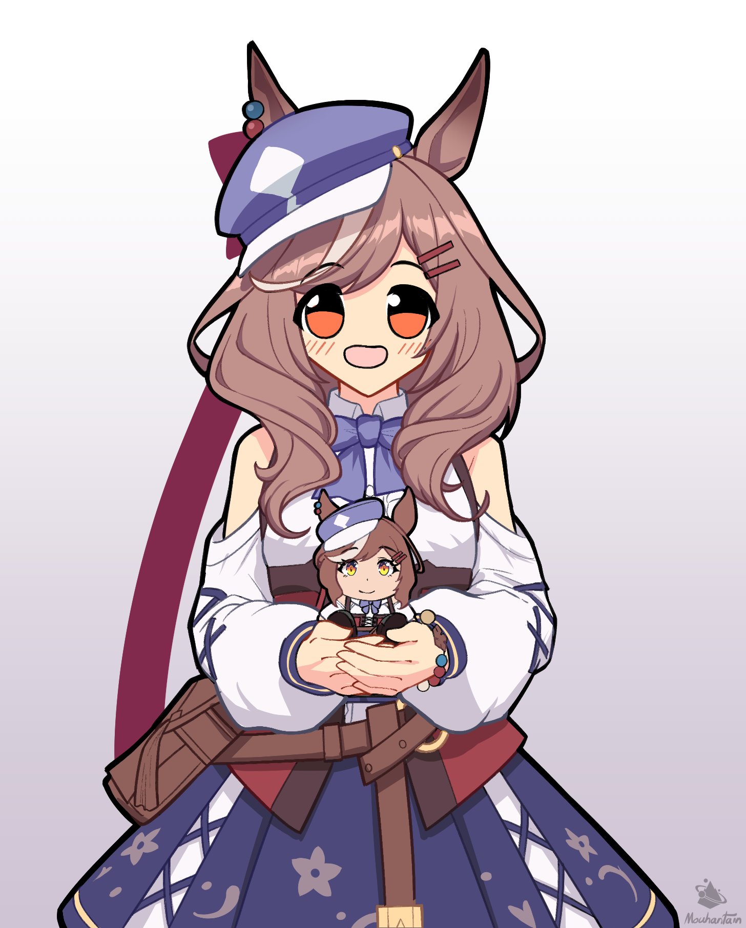 mouhantain, matikanetannhauser (panpaka tiltott) (umamusume), matikanetannhauser (umamusume), umamusume, highres, animal ears, belt bag, blue hat, center frills, clothing cutout, corset, ear ornament, ears through headwear, faceswap, frills, hair ornament, hairclip, hat, holding, holding stuffed toy, horse ears, horse girl, horse tail, newsboy cap, red corset, shoulder cutout, stuffed toy, tail, tilted headwear