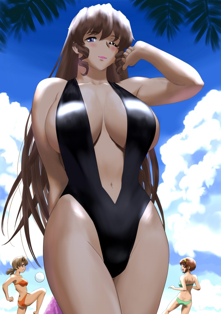 fumizuki hajime, fuzuki hajime, arisaka hatsune, arisaka kazuki, suzuhara chihaya, tona-gura!, 3girls, beach, bikini, blue eyes, blush, breasts, brown eyes, brown hair, center opening, cleavage, curvy, day, hairband, hip focus, huge breasts, long hair, multiple girls, one eye closed, outdoors, short hair, slingshot swimsuit, swimsuit, very long hair, wide hips, wink