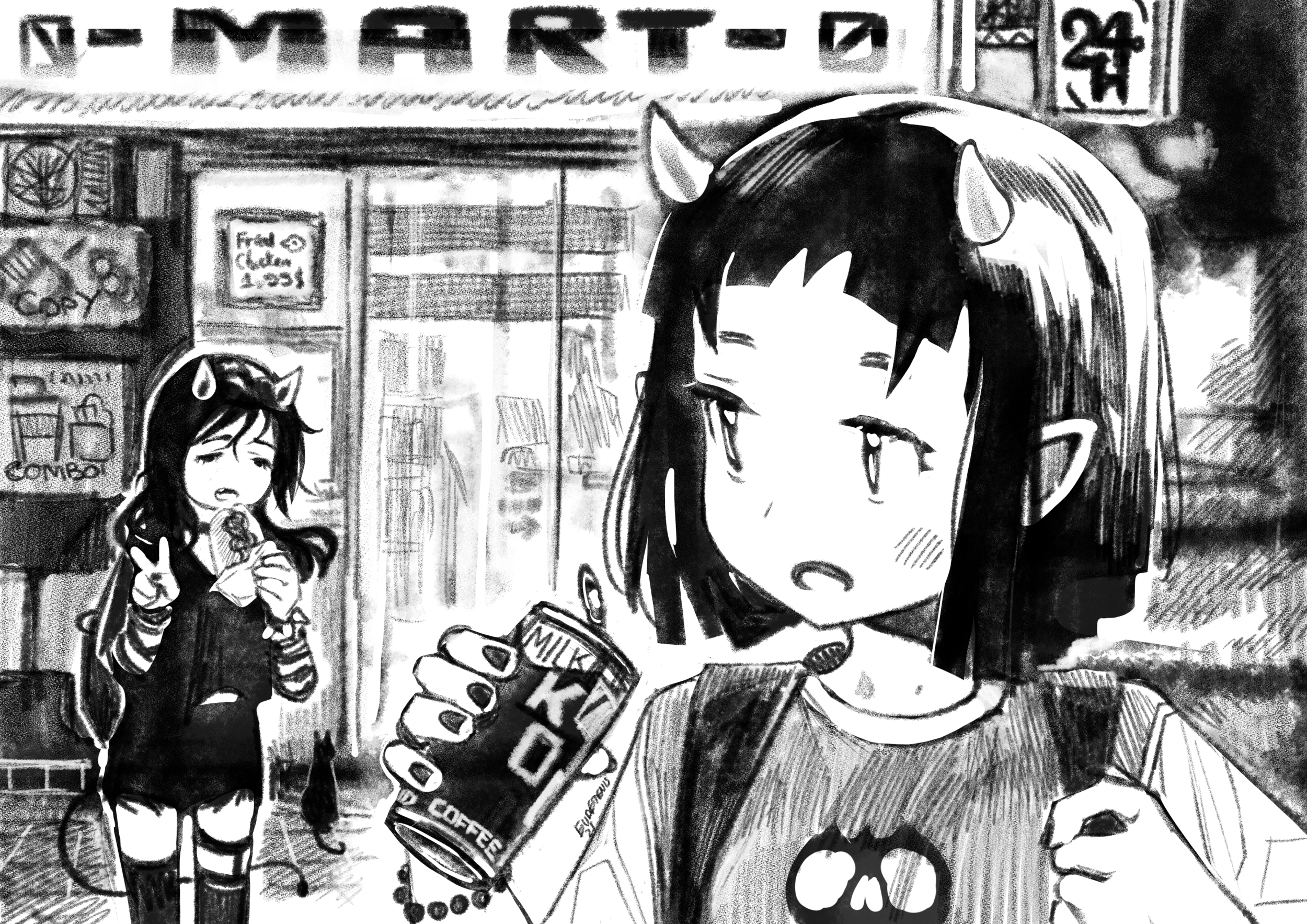 eudetenis, original, commentary request, highres, 2girls, artist name, bracelet, can, canned coffee, cat, closed eyes, coffee, drink can, fingernails, food, greyscale, hands up, holding, holding can, holding food, imminent eating, jewelry, long hair, monochrome, multiple girls, open mouth, outdoors, pearl bracelet, print shirt, shirt, shop, short hair, short shorts, shorts, skull print, slice of life, small horns, v