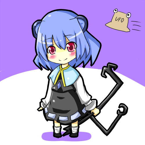 gijinka lemon, moriya suwako, nazrin, pyonta, touhou, bad id, bad pixiv id, lowres, 1girl, animal ears, blue hair, blush, female focus, mouse (animal), mouse ears, red eyes, short hair, solo, ufo