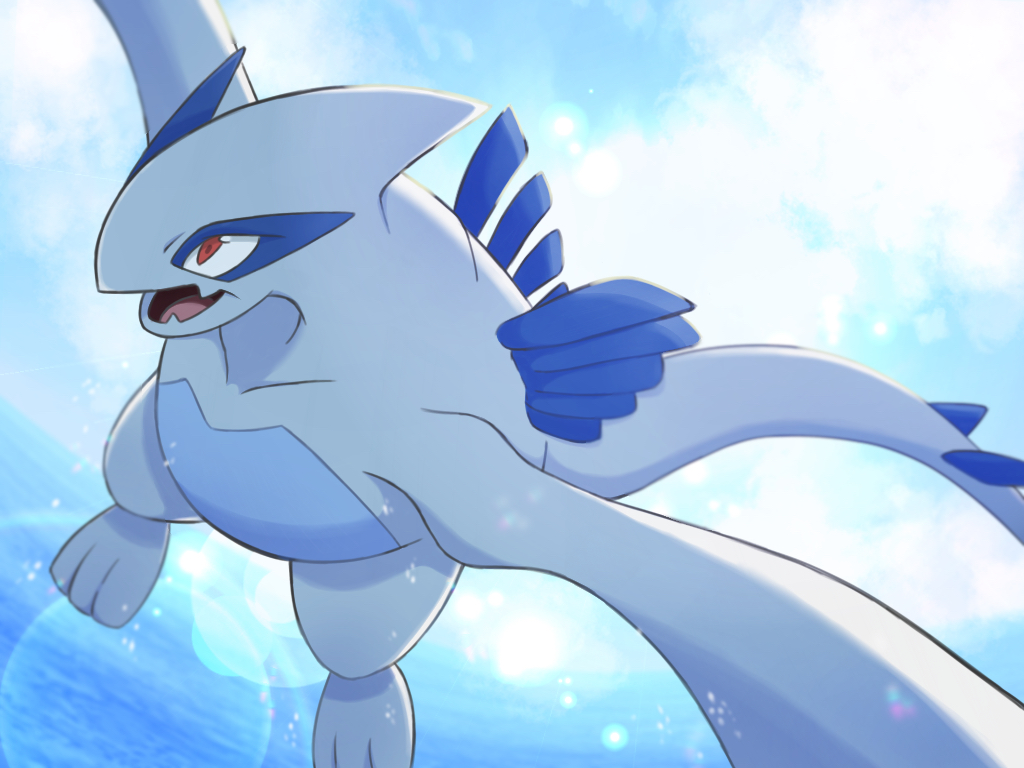 garibo, lugia, nintendo, pokemon, cloud, day, flying, gen 2 pokemon, legendary pokemon, no humans, open mouth, outdoors, pokemon (creature), red eyes, solo, water