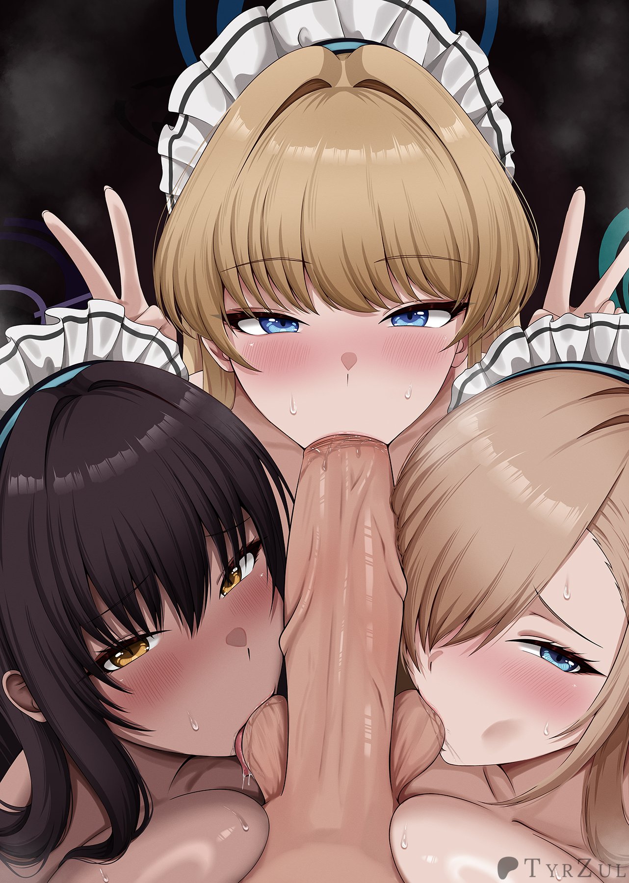 tyrzul, asuna (blue archive), karin (blue archive), toki (blue archive), blue archive, highres, 1boy, 3girls, black background, black hair, blonde hair, blue eyes, blue halo, breasts, collarbone, cooperative fellatio, dark-skinned female, dark skin, double v, fellatio, hair over one eye, halo, hetero, large breasts, large penis, maid headdress, multiple girls, oral, penis, purple halo, teamwork (sexual), testicle sucking, uncensored, v, veins, veiny penis, yellow eyes
