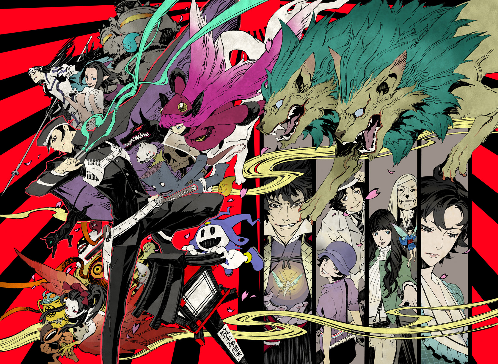 miwa shirow, arahabaki (megami tensei), asakura tae, cerberus (megami tensei), cu chulainn (megami tensei), gouto, jack frost (megami tensei), kuzunoha geirin, kuzunoha raidou, lilim (megami tensei), muu shuwuu (megami tensei), nagi (devil summoner), narumi shouhei, nekomata (megami tensei), tsukigata dahn, atlus, devil summoner (series), shin megami tensei, highres, 5boys, 6+girls, black hair, cat, demon (megami tensei), formal clothes, hat, katana, multiple boys, multiple girls, necktie, school uniform, shako cap, short hair, suit, sword, weapon