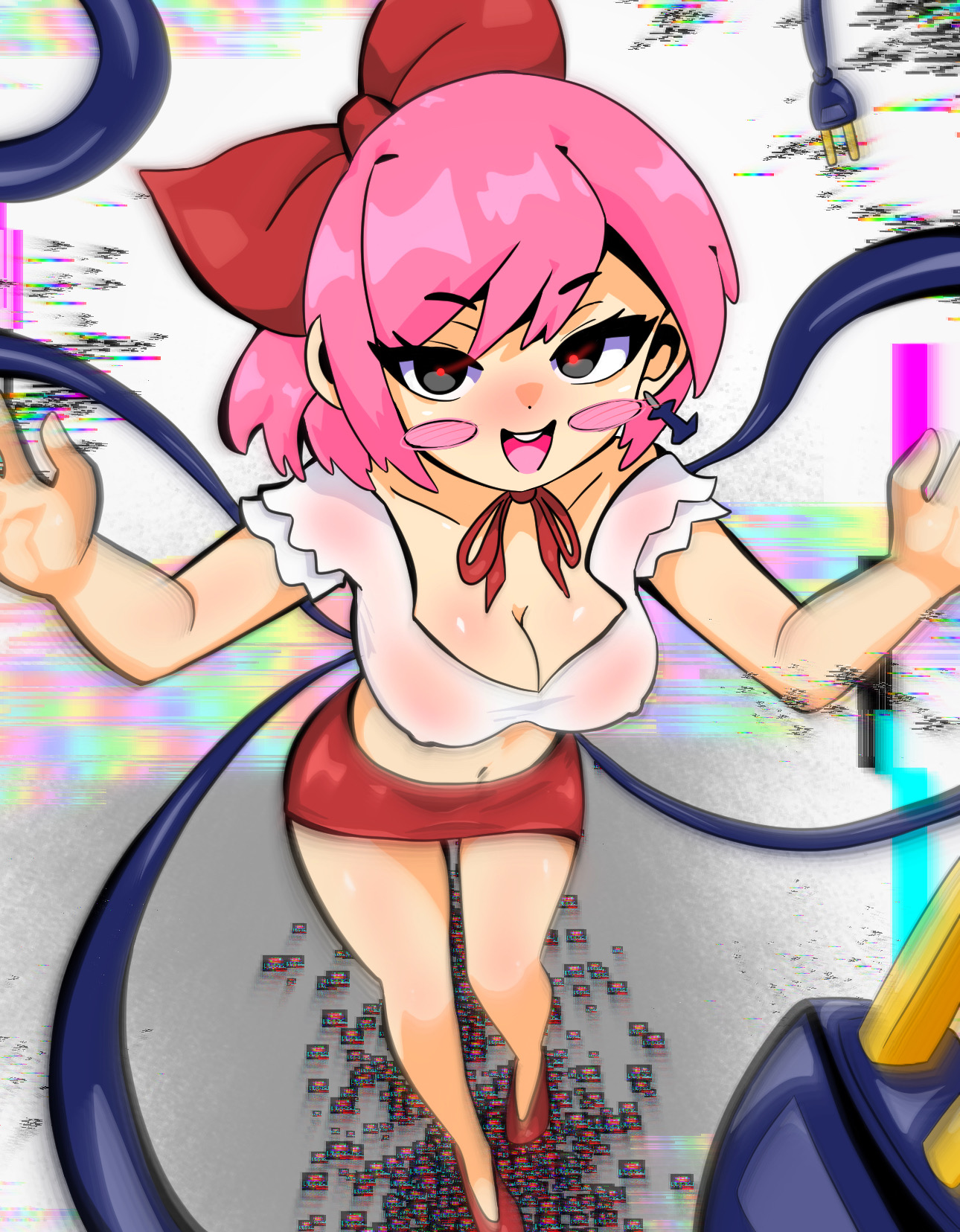 original, highres, non-web source, blush, bow, breasts, cable, glitch, levelone, pink hair, red eyes