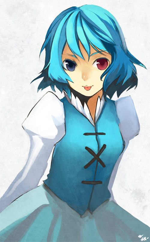 shiyun, tatara kogasa, touhou, bad id, bad pixiv id, 1girl, :p, blue eyes, blue hair, female focus, grey background, heterochromia, red eyes, solo, standing, tongue, tongue out