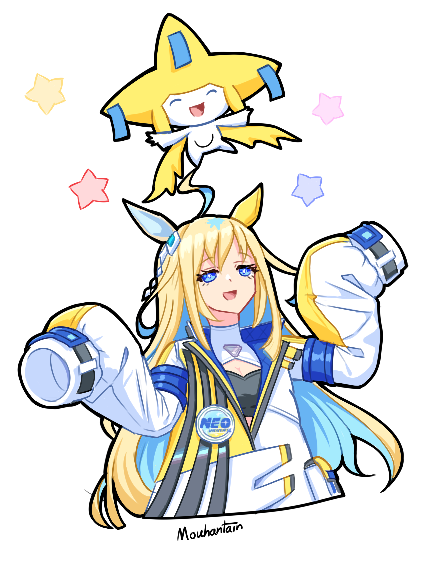 mouhantain, neo universe (umamusume), nintendo, pokemon, umamusume, ahoge, animal ears, breasts, cleavage, cleavage cutout, clothing cutout, colored inner hair, diamond hair ornament, ear covers, ear ornament, horse ears, horse girl, horse tail, multicolored hair, quilted clothes, school uniform, single ear cover, sleeves past fingers, sleeves past wrists, tail, tracen school uniform, two-tone hair, two-tone tail, uma stars (umamusume)
