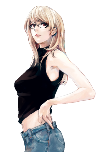 opiu, original, lowres, 1girl, armpits, blonde hair, denim, female focus, glasses, hand on own hip, hip focus, jeans, lips, long hair, midriff, pants, red eyes, sleeveless, solo, sweater, transparent background