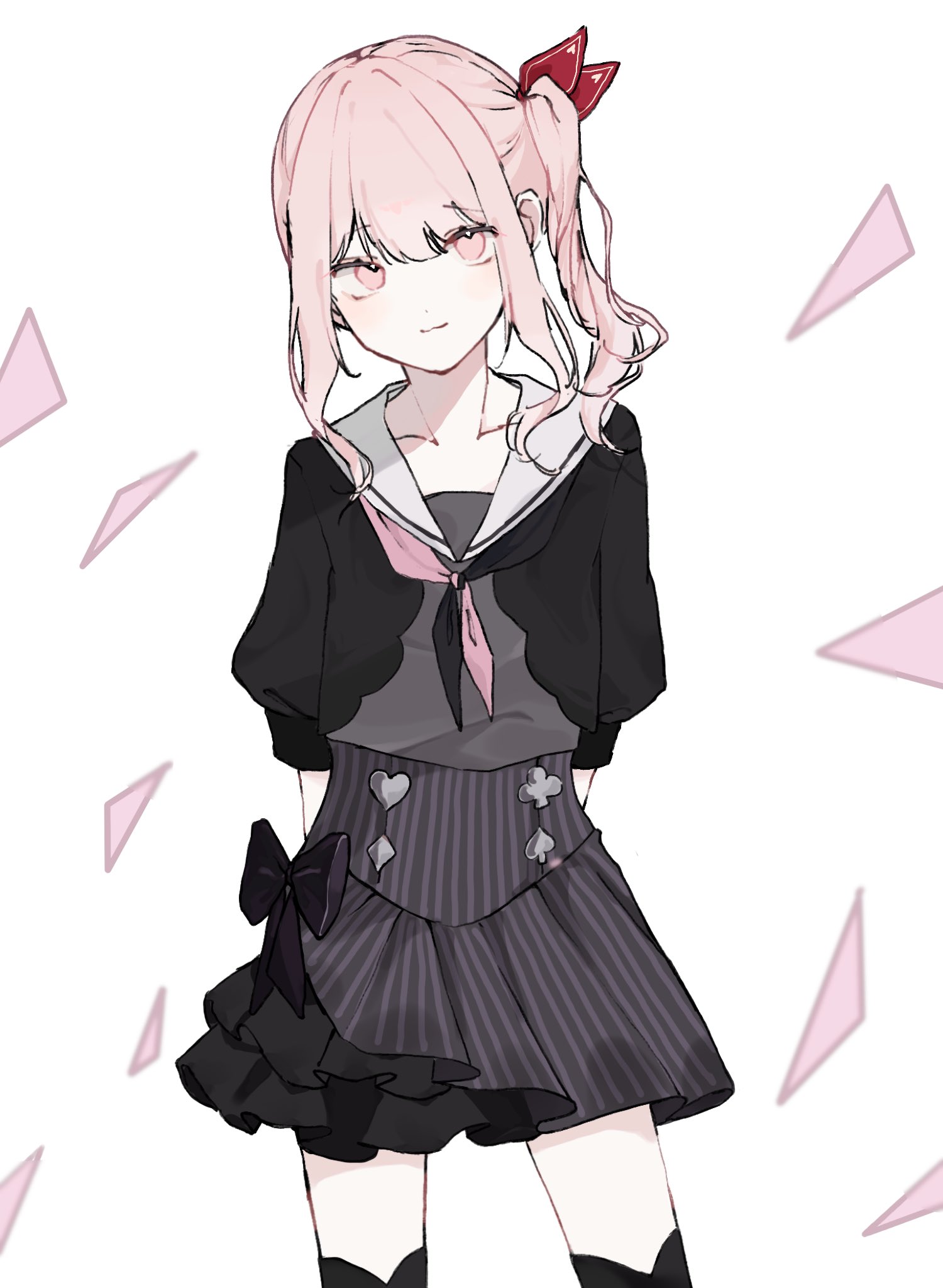 hinane 1206, akiyama mizuki, project sekai, hashtag-only commentary, highres, 1other, :3, arms behind back, black bow, black jacket, black neckerchief, black overskirt, black skirt, black thighhighs, bow, closed mouth, club (shape), collarbone, cowboy shot, diamond (shape), flat chest, frilled skirt, frills, grey shirt, hair bow, heart, high side ponytail, jacket, looking at viewer, miniskirt, neckerchief, open clothes, open jacket, other focus, overskirt, pale skin, pink eyes, pink hair, pink neckerchief, puffy sleeves, red bow, sailor collar, shirt, side ponytail, sidelocks, simple background, skirt, solo, spade (shape), standing, swept bangs, thighhighs, three-quarter sleeves, triangle, two-tone neckerchief, white background, white sailor collar, zettai ryouiki