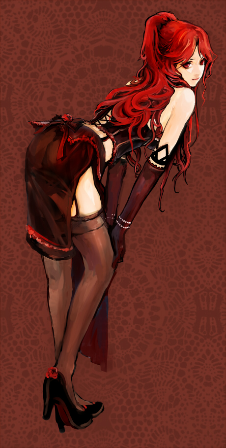 opiu, rua, mabinogi, 1girl, bare shoulders, bent over, bracelet, elbow gloves, female focus, garter belt, garter straps, gloves, high heels, jewelry, leaning forward, legs, long hair, looking back, pelvic curtain, red eyes, red hair, shoes, side slit, skirt, solo, thighhighs