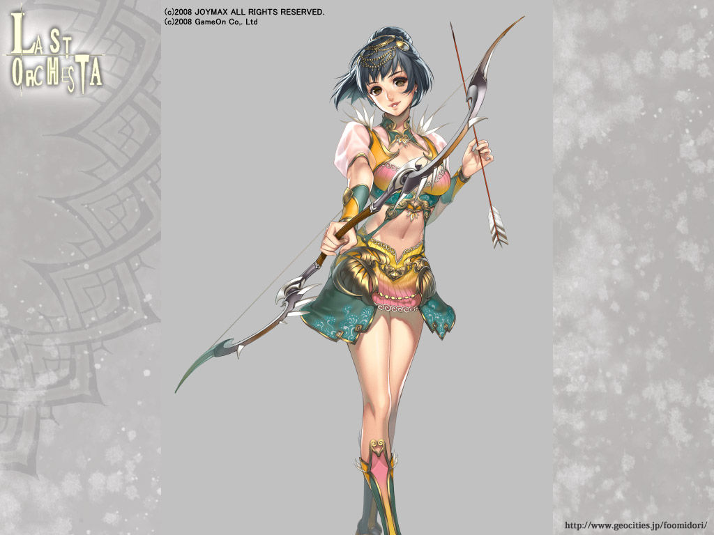 midori foo, 1girl, arrow (projectile), black hair, boots, bow (weapon), female focus, full body, knee boots, looking at viewer, midriff, navel, short hair, solo, standing, stomach, weapon