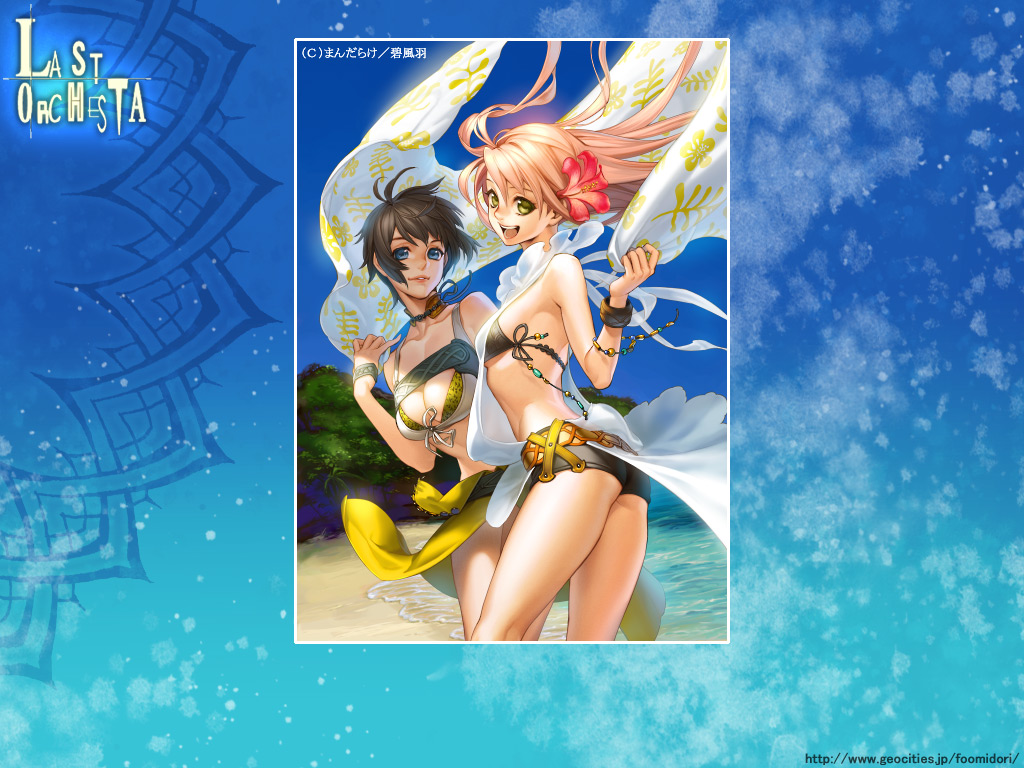 midori foo, 2girls, :d, artist name, bare shoulders, beach, bikini, blue eyes, blue sky, bracelet, breasts, brown hair, collarbone, cowboy shot, flower, front-tie bikini top, front-tie top, hair flower, hair ornament, jewelry, long hair, looking at viewer, looking back, multiple girls, ocean, open mouth, outdoors, parted lips, pink hair, sand, shore, short hair, short shorts, shorts, sky, small breasts, smile, swimsuit, watermark, web address, wind