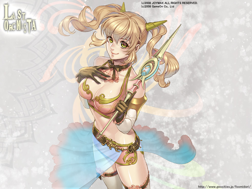 midori foo, source request, 1girl, breast suppress, breasts, choker, company name, dated, fantasy, female focus, gloves, large breasts, long hair, midriff, navel, smile, solo, thighhighs, twintails, watermark, web address