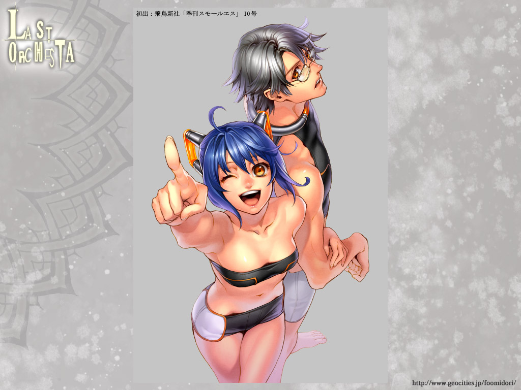 midori foo, silver hair, copyright request, 1boy, 1girl, ;d, ahoge, bare arms, bare shoulders, barefoot, blue hair, brown eyes, collarbone, from above, glasses, grey background, headgear, locked arms, midriff, navel, one eye closed, open mouth, parted lips, pointing, pointing up, sleeveless, smile, watermark, web address