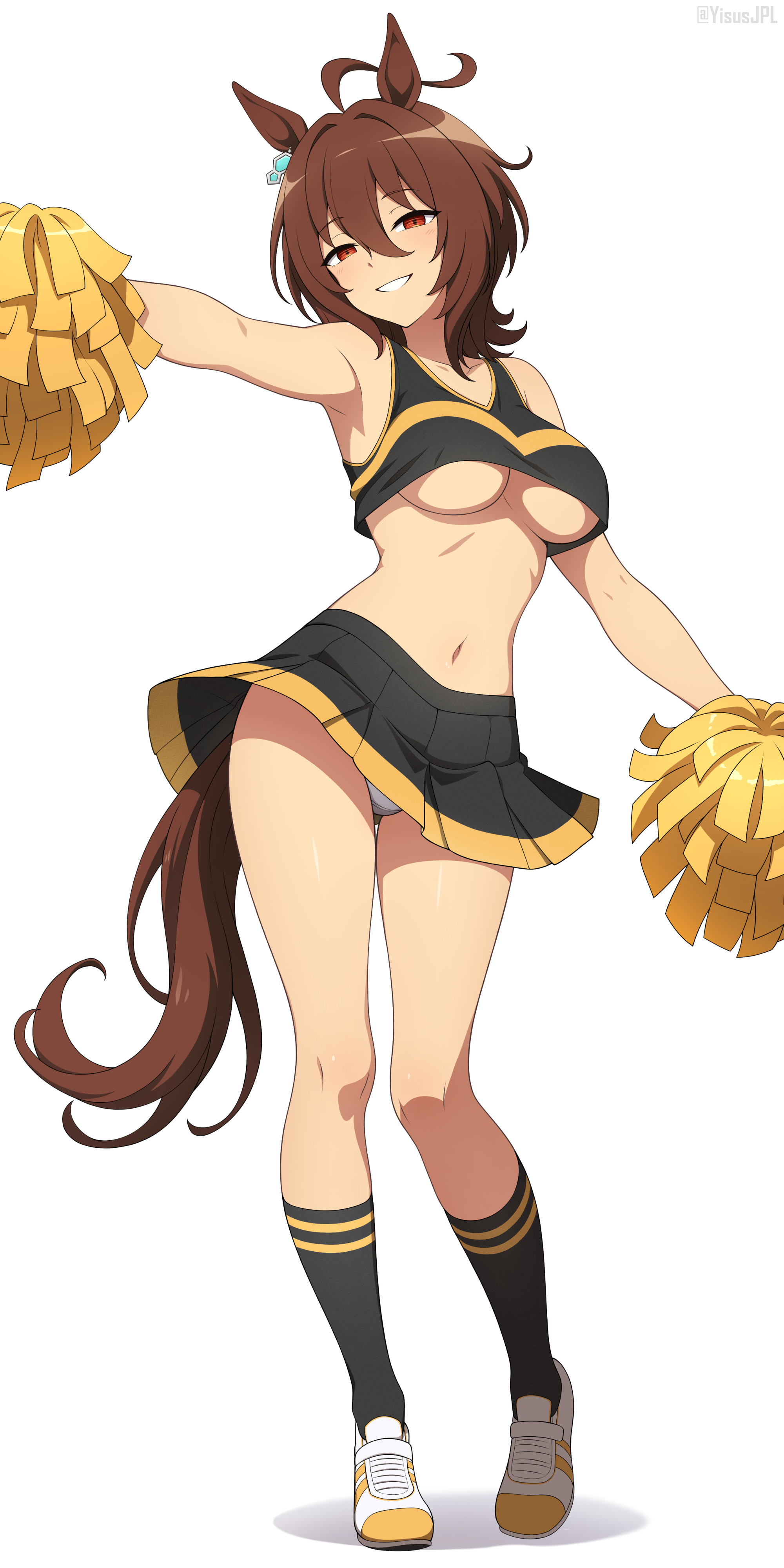 yisusjpl, agnes tachyon (umamusume), umamusume, absurdres, highres, 1girl, ahoge, alternate costume, animal ears, black shirt, black skirt, breasts, brown hair, cheerleader, contrapposto, crop top, full body, hand up, holding, holding pom poms, horse ears, horse girl, horse tail, large breasts, looking at viewer, medium hair, navel, panties, pom pom (cheerleading), pom poms, red hair, shirt, simple background, skirt, smile, solo, standing, tail, thighs, underboob, underwear, white background, white panties