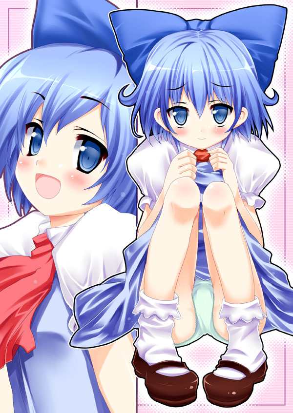 pikazo, cirno, embodiment of scarlet devil, touhou, 1girl, blue eyes, blue hair, blush, bobby socks, bow, embarrassed, female focus, hair bow, hair ribbon, looking at viewer, mary janes, open mouth, panties, ribbon, shoes, short hair, socks, underwear