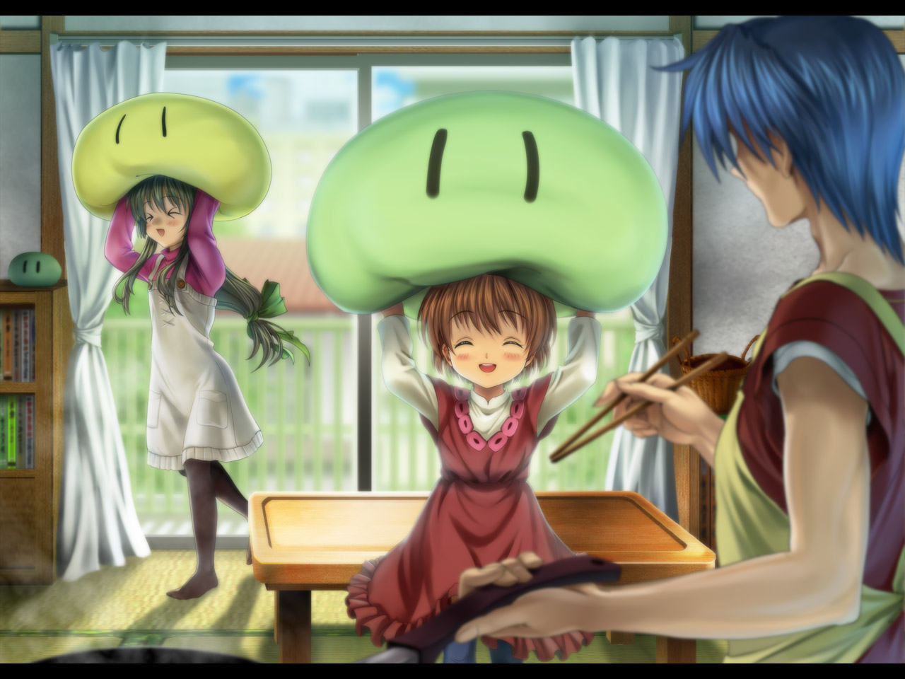mutsuki (moonknives), ibuki fuuko, okazaki tomoya, okazaki ushio, clannad, dango daikazoku, key (company), > <, 00s, 1boy, 2girls, age difference, black hair, blue hair, brown hair, chopsticks, closed eyes, cooking, dango, father and daughter, food, long hair, multiple girls, pantyhose, playing, short hair, wagashi