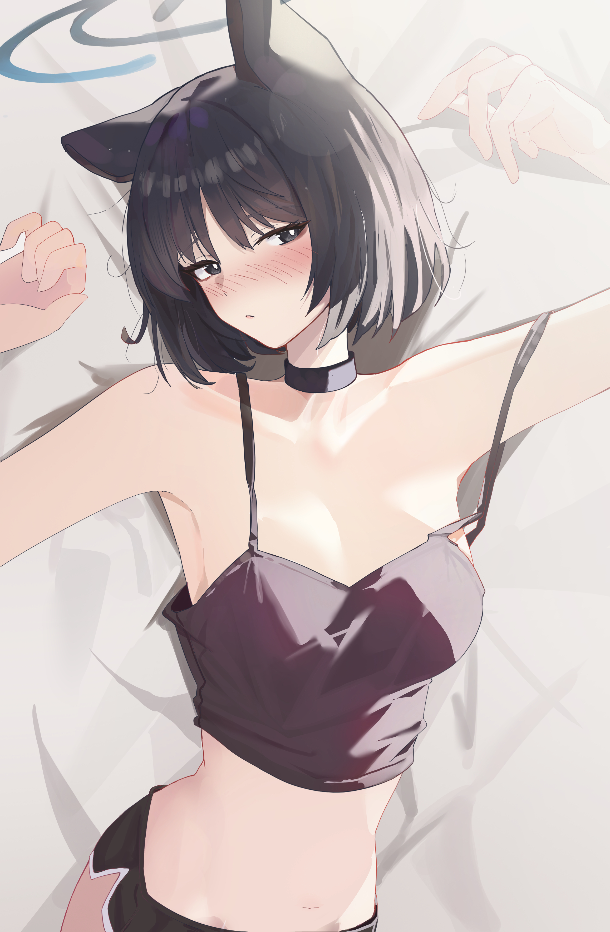 nonoka7221, kikyou (blue archive), blue archive, absurdres, highres, 1girl, animal ears, black choker, black eyes, black hair, black shorts, black tank top, blue halo, blush, breasts, cat ears, cat girl, choker, closed mouth, dolphin shorts, halo, looking at viewer, navel, short hair, shorts, solo, stomach, tank top