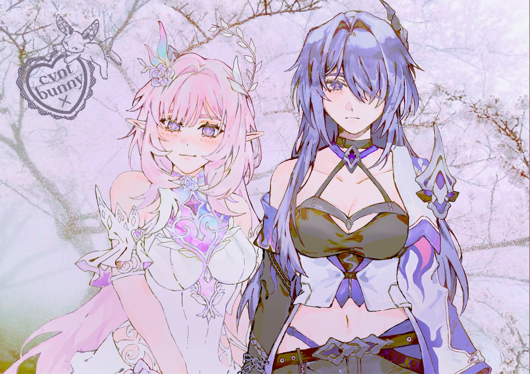 ctnplant, acheron (honkai: star rail), cyrene (honkai: star rail), cyrene (ripples of past reverie) (honkai: star rail), honkai: star rail, honkai (series), commentary, english commentary, highres, 2girls, artist logo, bare shoulders, black shorts, breasts, cleavage, crop top, diamond-shaped pupils, diamond (shape), dress, flower, hair flower, hair ornament, large breasts, logo, long hair, looking at viewer, midriff, multiple girls, navel, outdoors, pink hair, pointy ears, purple eyes, purple hair, shorts, smile, symbol-shaped pupils, tree, very long hair, white dress