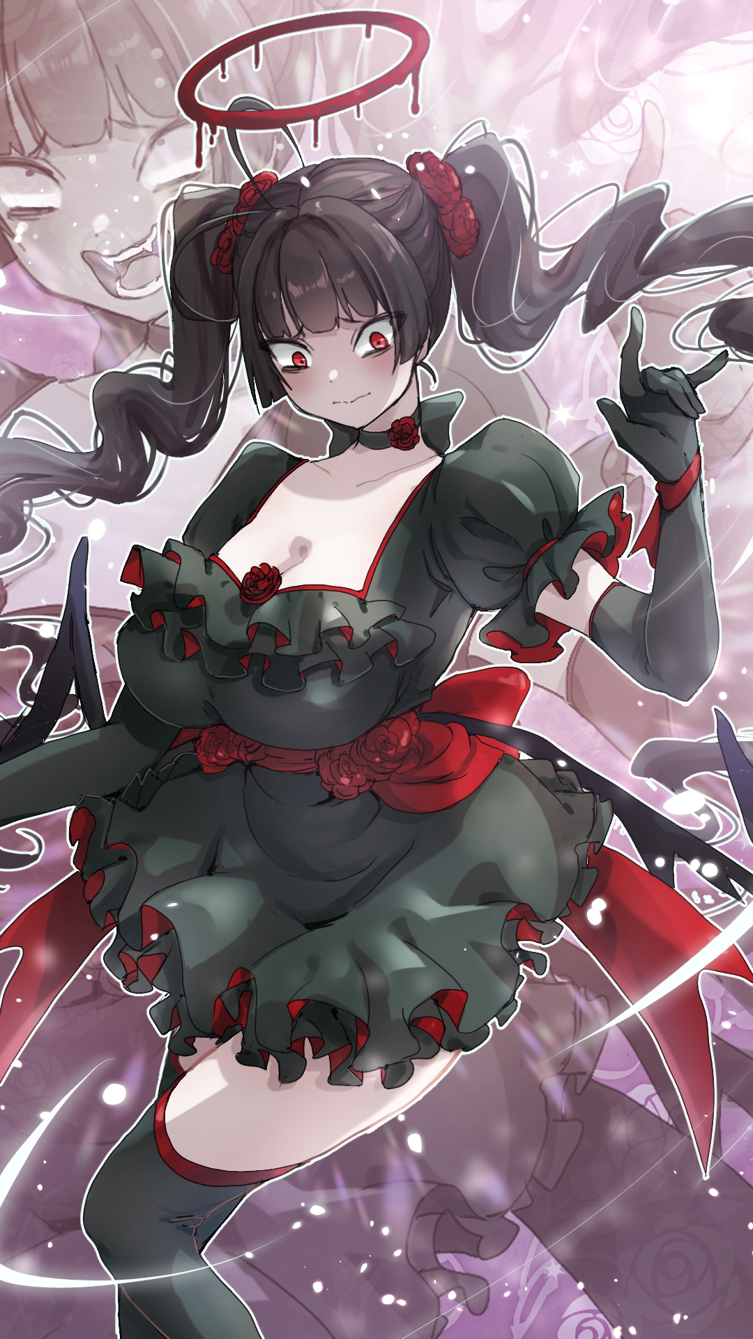 komena (shinyday312), tsurugi (blue archive), blue archive, highres, 1girl, black dress, black gloves, black thighhighs, breasts, cleavage, closed mouth, dress, elbow gloves, gloves, halo, hand up, huge breasts, long hair, looking down, open mouth, puffy short sleeves, puffy sleeves, red eyes, red halo, short sleeves, solo, thighhighs, twintails