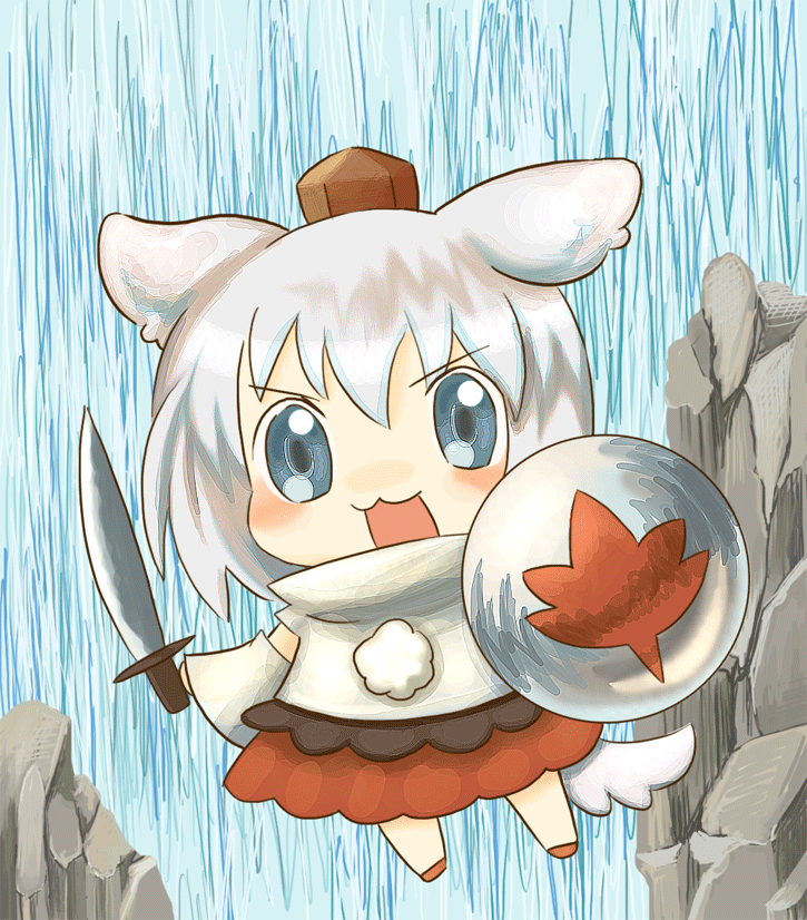 rias-shiki kawaii, inubashiri momiji, touhou, silver hair, bad id, bad pixiv id, 1girl, animal ears, blue eyes, chibi, female focus, full body, shield, short hair, solo, sword, tail, water, weapon, wolf ears, wolf tail