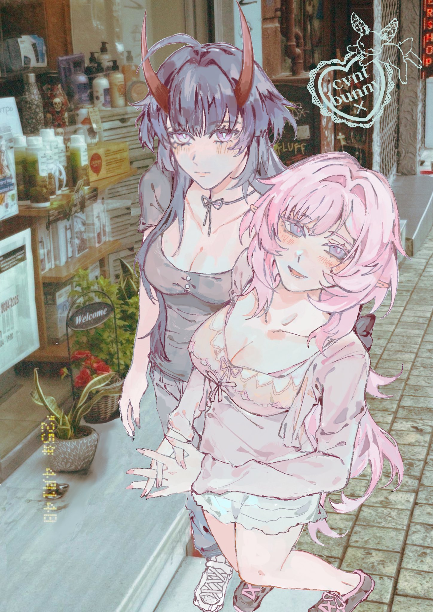 ctnplant, elysia (honkai impact), raiden mei, raiden mei (herrscher of thunder), honkai (series), honkai impact 3rd, commentary, english commentary, highres, 2girls, alternate costume, blue eyes, breasts, cleavage, denim, elf, grey shirt, horns, jacket, jeans, large breasts, long hair, multiple girls, outdoors, pants, photo background, pink hair, pink jacket, pink tank top, plant, pointy ears, potted plant, purple eyes, purple hair, red horns, shirt, short shorts, shorts, smile, tank top, very long hair, white shorts