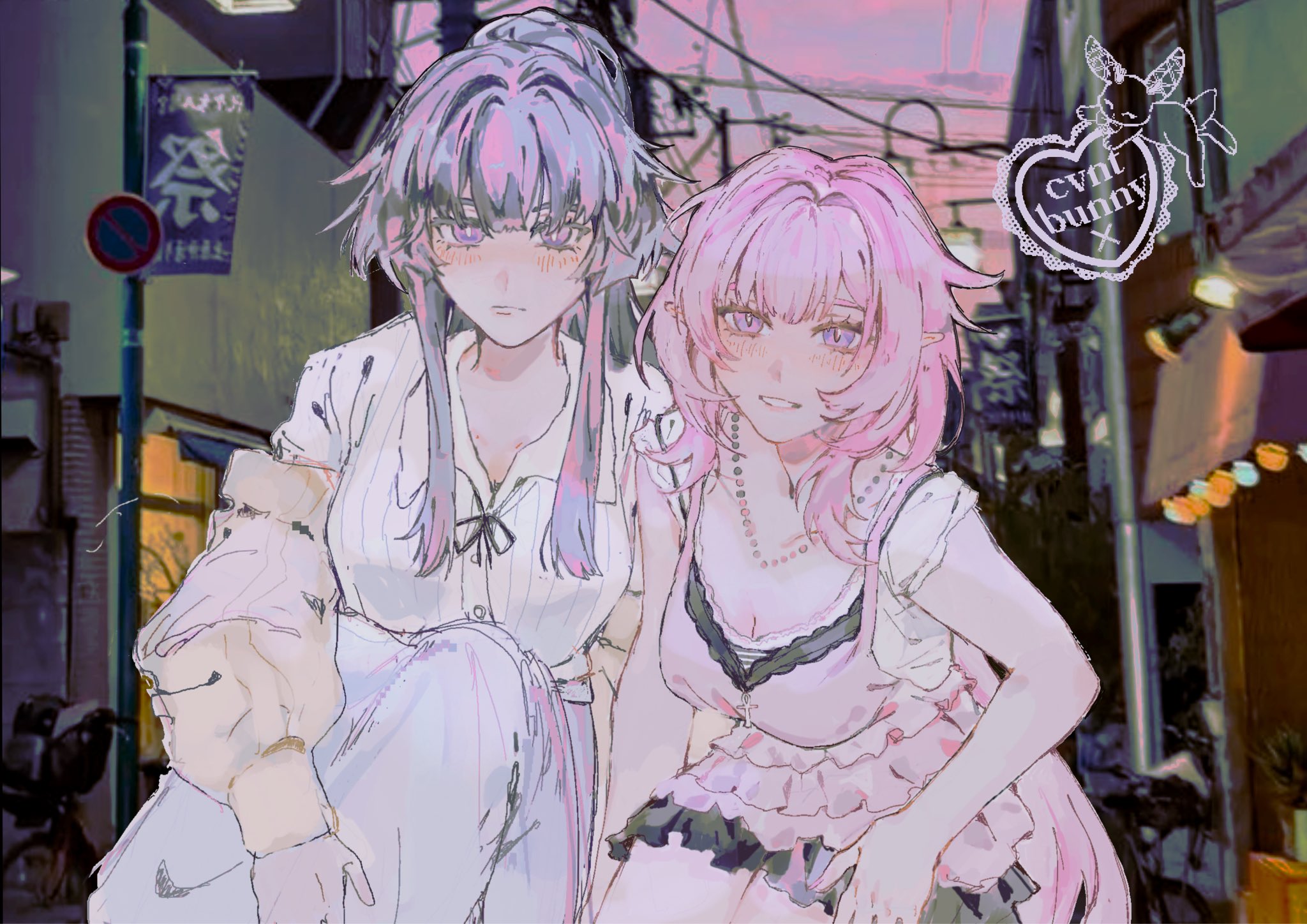 ctnplant, elysia (honkai impact), raiden mei, honkai (series), honkai impact 3rd, commentary, english commentary, highres, 2girls, artist logo, blue eyes, blush, breasts, cleavage, jewelry, large breasts, logo, long hair, multiple girls, necklace, outdoors, photo background, pink hair, pink shirt, pink skirt, purple eyes, purple hair, shirt, skirt, smile, very long hair, white shirt