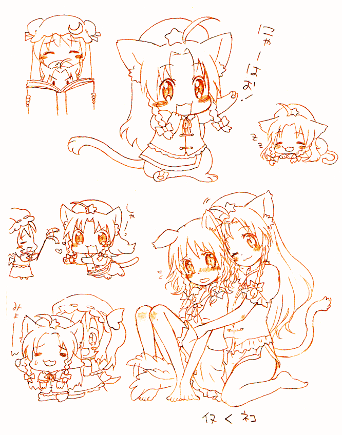 rias-shiki kawaii, flandre scarlet, hong meiling, inu sakuya (nejikirio), izayoi sakuya, patchouli knowledge, remilia scarlet, touhou, bad id, bad pixiv id, 5girls, ahoge, animal ears, barefoot, braid, cat ears, cat girl, cat tail, chibi, dog ears, dog tail, female focus, hat, kemonomimi mode, long hair, monochrome, multiple girls, orange theme, short hair, tail, tears, twin braids, wings, yuri