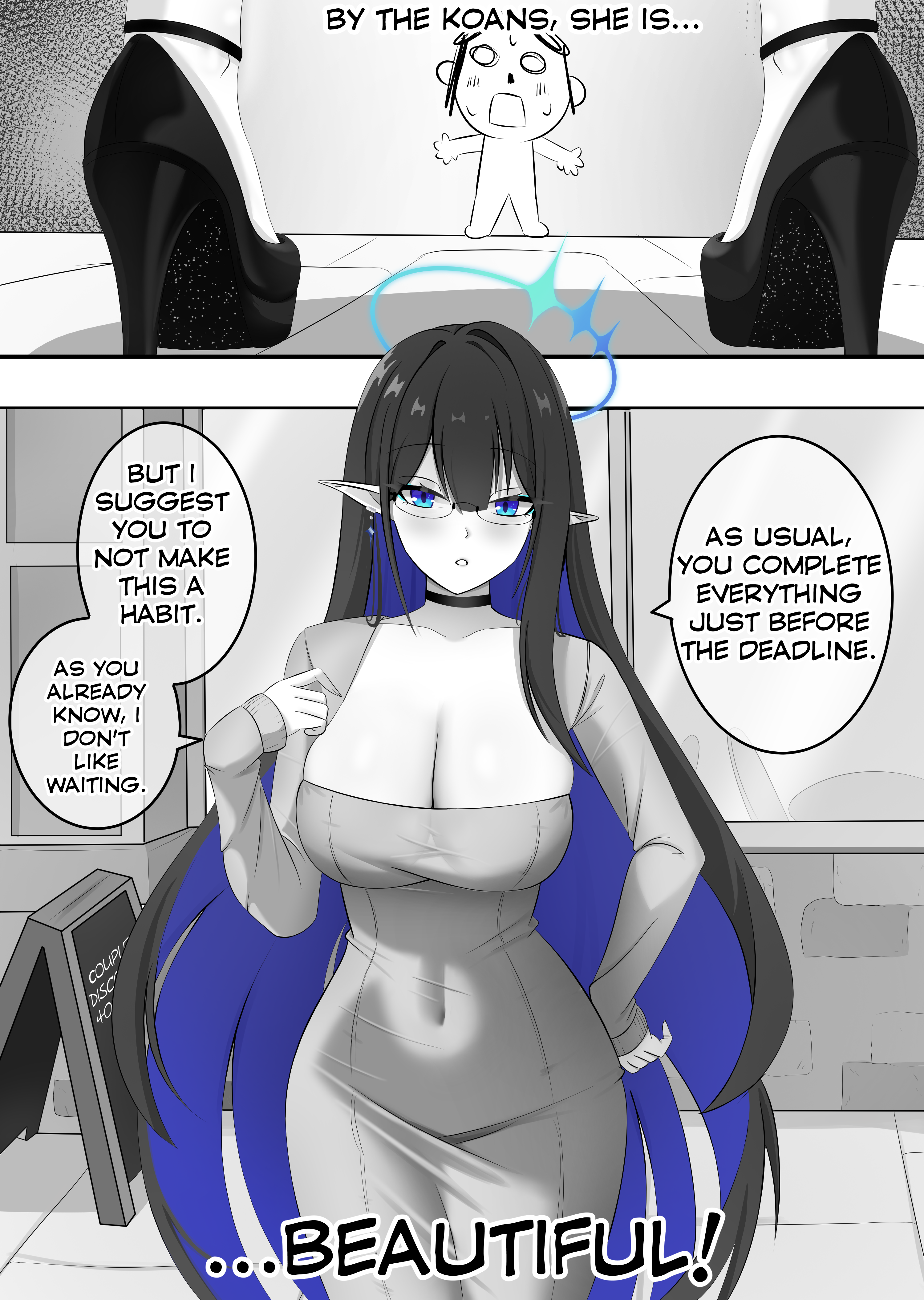 cawl, doodle sensei (blue archive), rin (blue archive), sensei (blue archive), blue archive, absurdres, highres, 1boy, 1girl, blue hair, blue halo, blush, breasts, choker, colored inner hair, covered navel, dongtan dress, glasses, hair between eyes, halo, hand on own hip, large breasts, long hair, long sleeves, multicolored hair, parted bangs, partially colored, pointy ears, sidelocks, two-tone hair